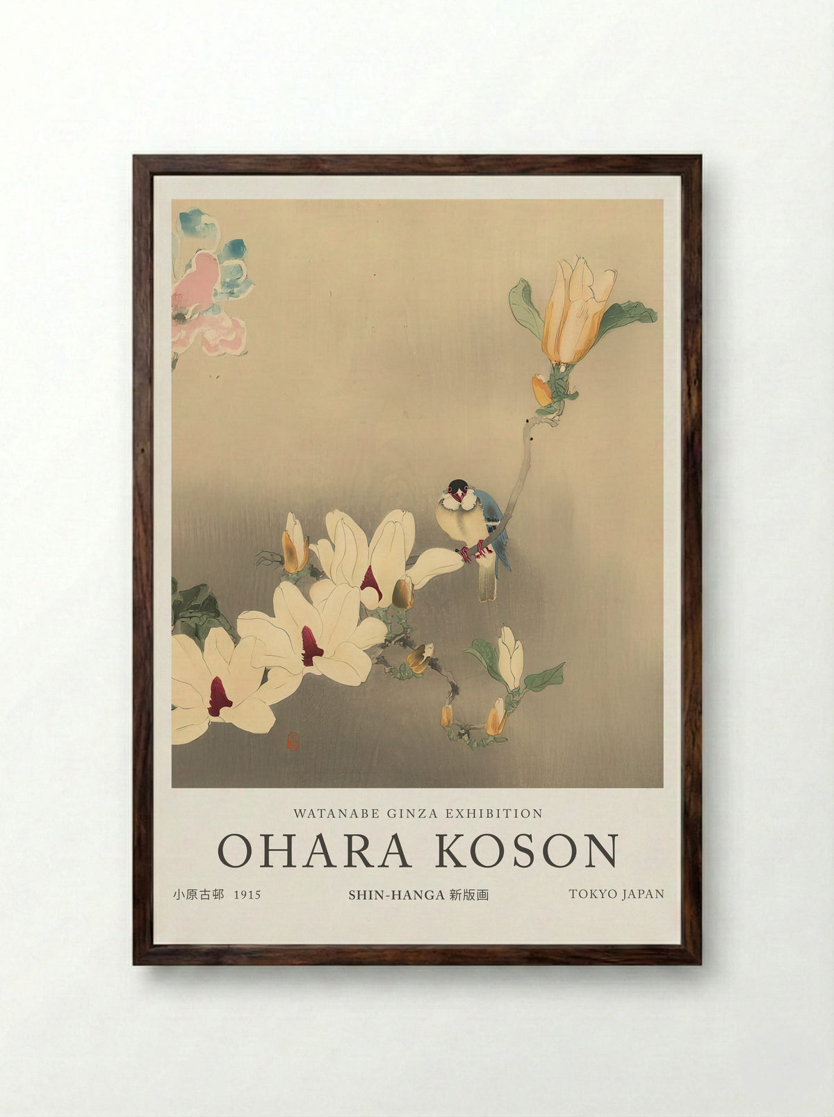 Blue Bird And Magnolia - Ohara Koson - Framed Print Dark Wood