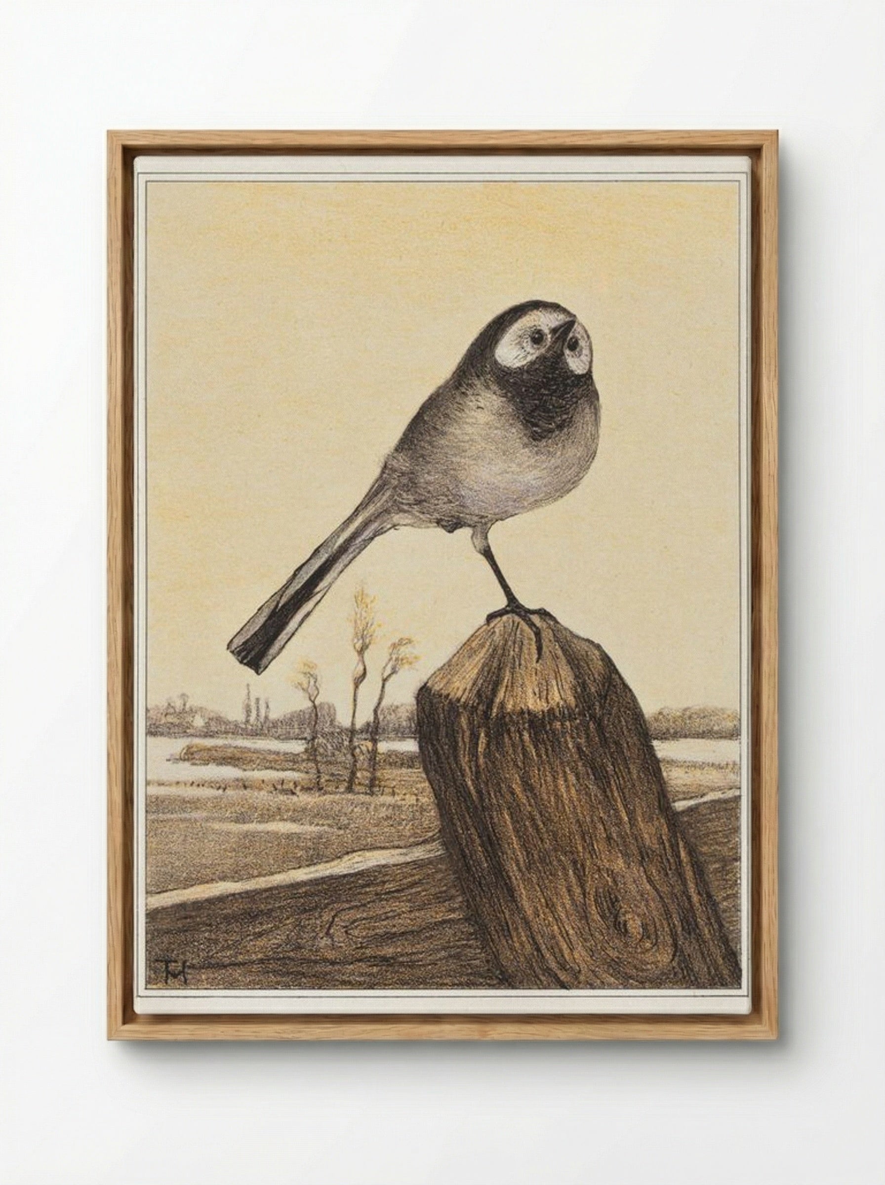 Kwikstaart op paal (Wagtail on a Post) - Theo van Hoytema - Framed Canvas Wood