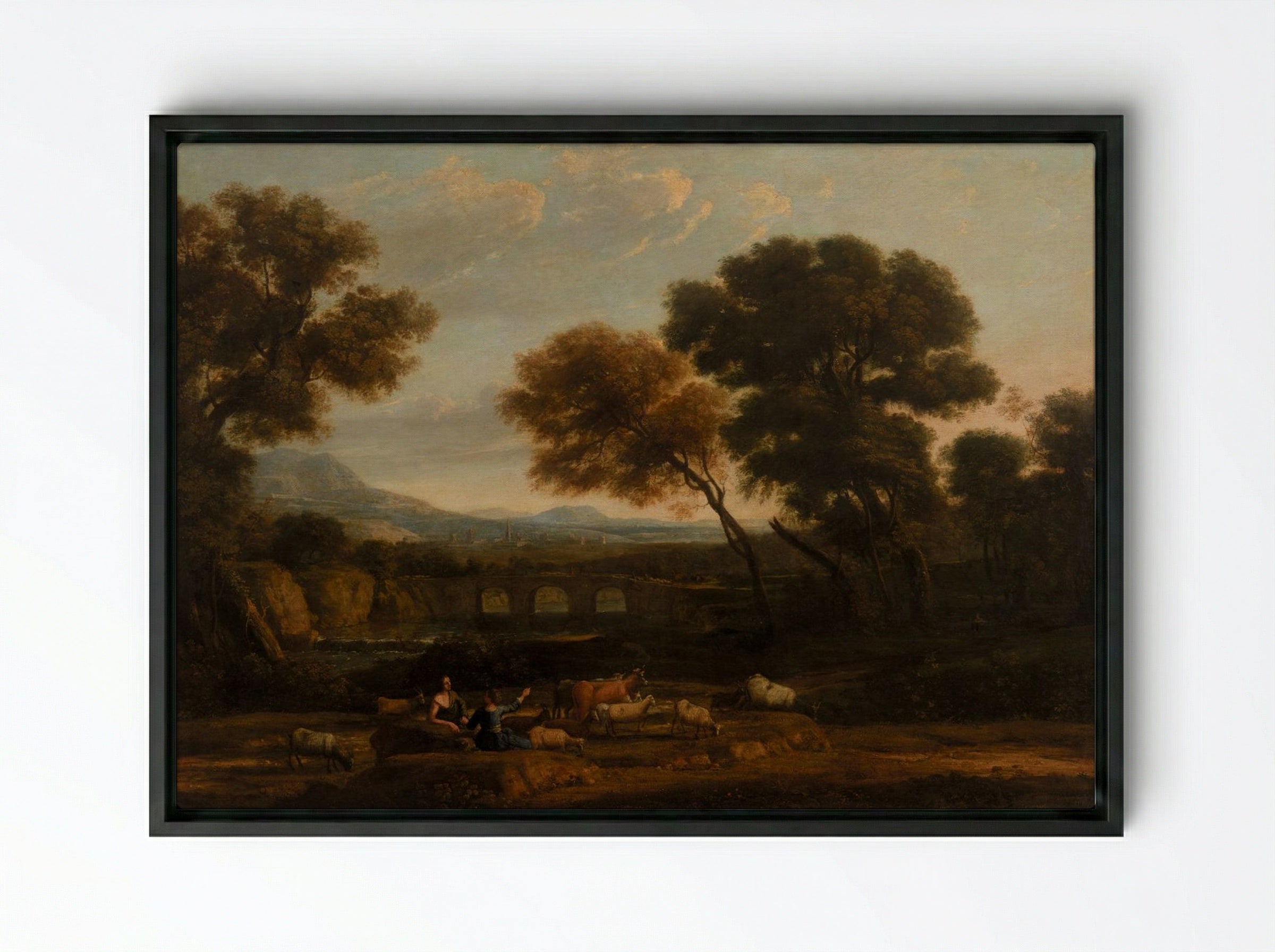 Pastoral Landscape with Bridge - Claude Lorrain - Framed Canvas Black