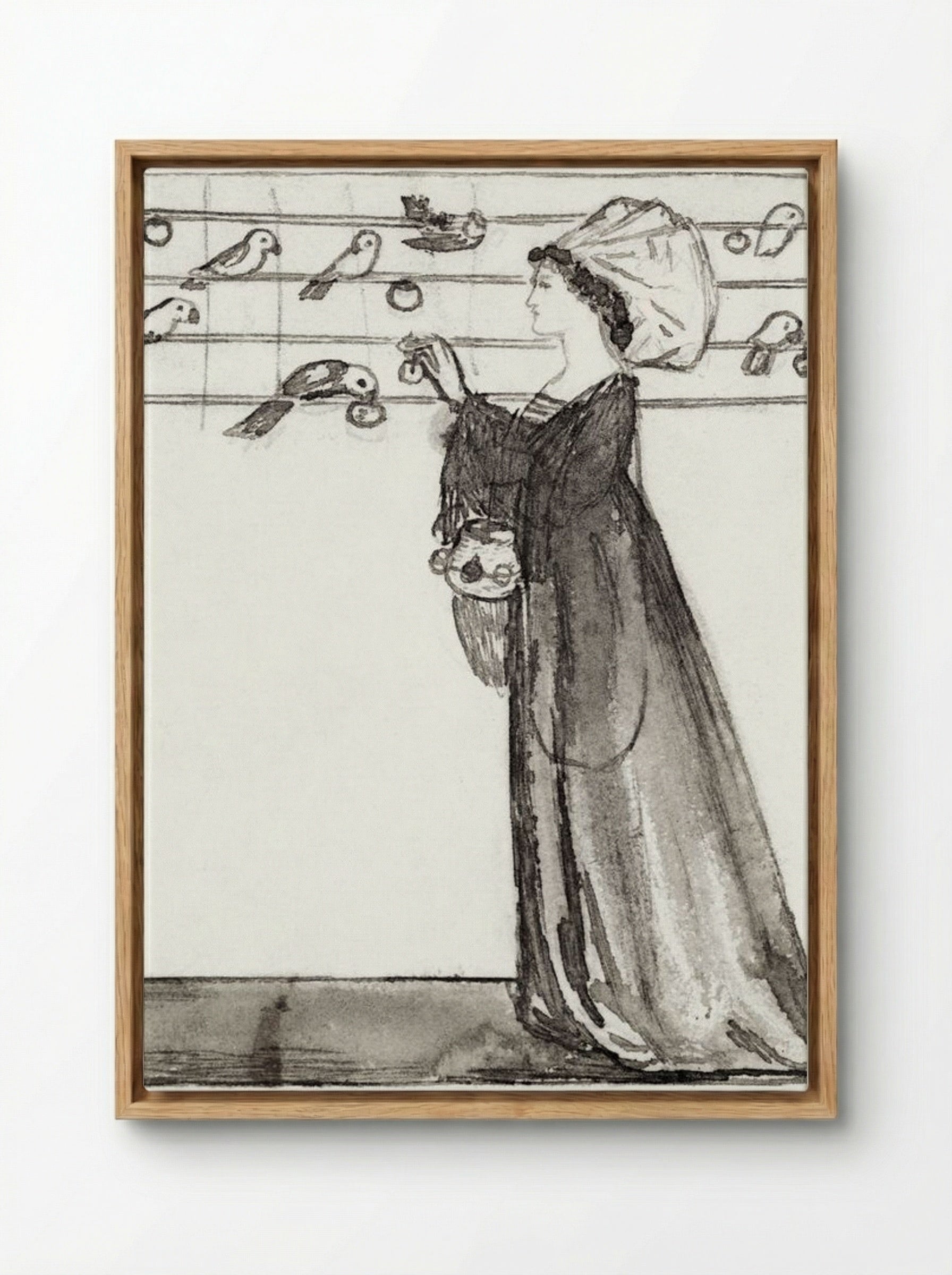 Study of a Lady Feeding Parrots - Edward Burne-Jones - Framed Canvas Wood