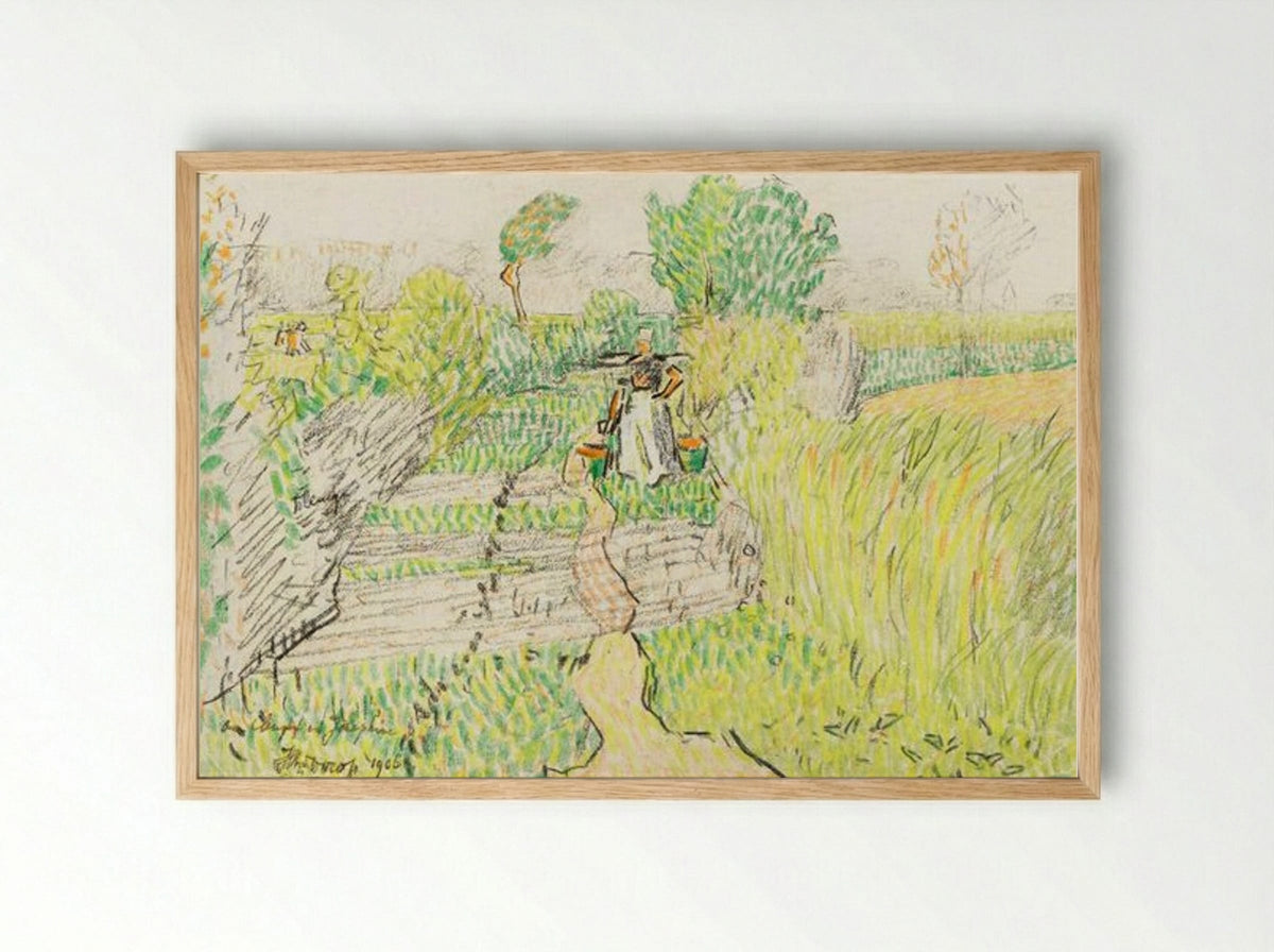 Peasant Woman with Milk Buckets in a Wheat Field - Jan Toorop - Framed Print Wood