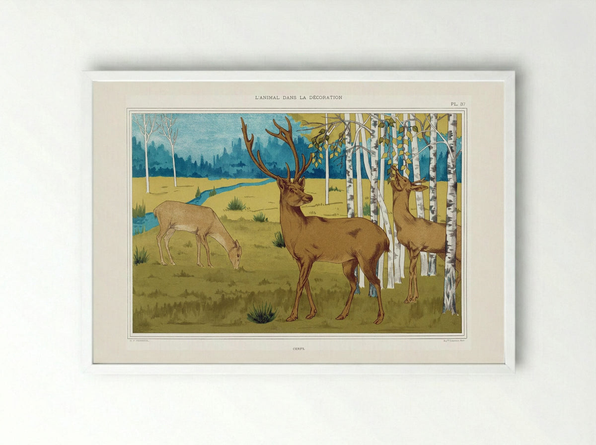 Cerfs (Deer in a Landscape) - Maurice Pillard Verneuil - Framed Print White