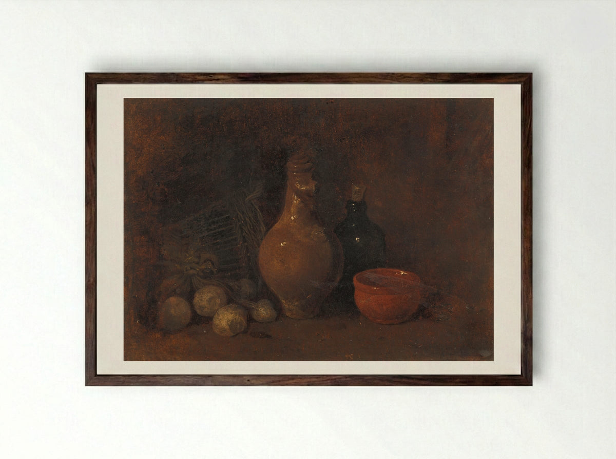 Stilleven met vier vruchten, glas en aardewerk - François Bonvin - Framed Print Dark Wood