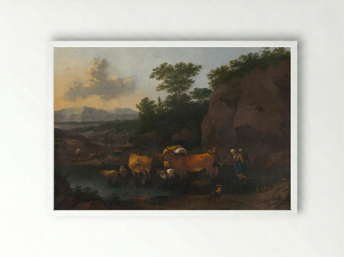 Italianate Landscape with Cattle Ford - Pieter van Bloemen - Framed Print White