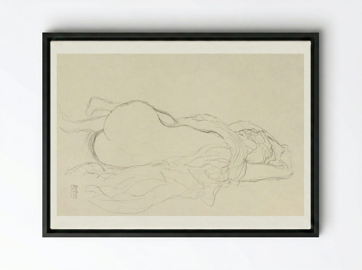 Reclining Nude with Drapery, Back View - Gustav Klimt - Framed Canvas Black