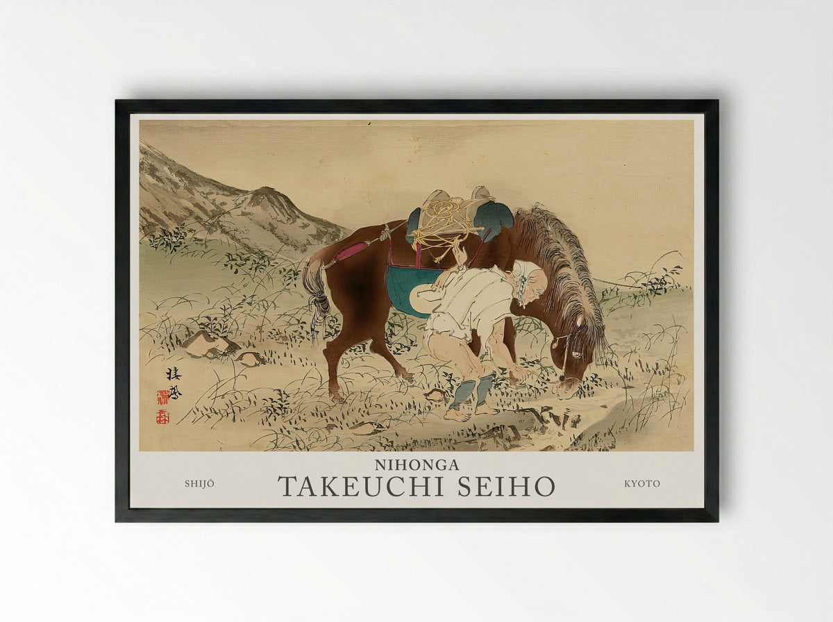 Seiho Twelve Fuji – Taking Care of Horse Modern Print Reproduction - Framed Print Black