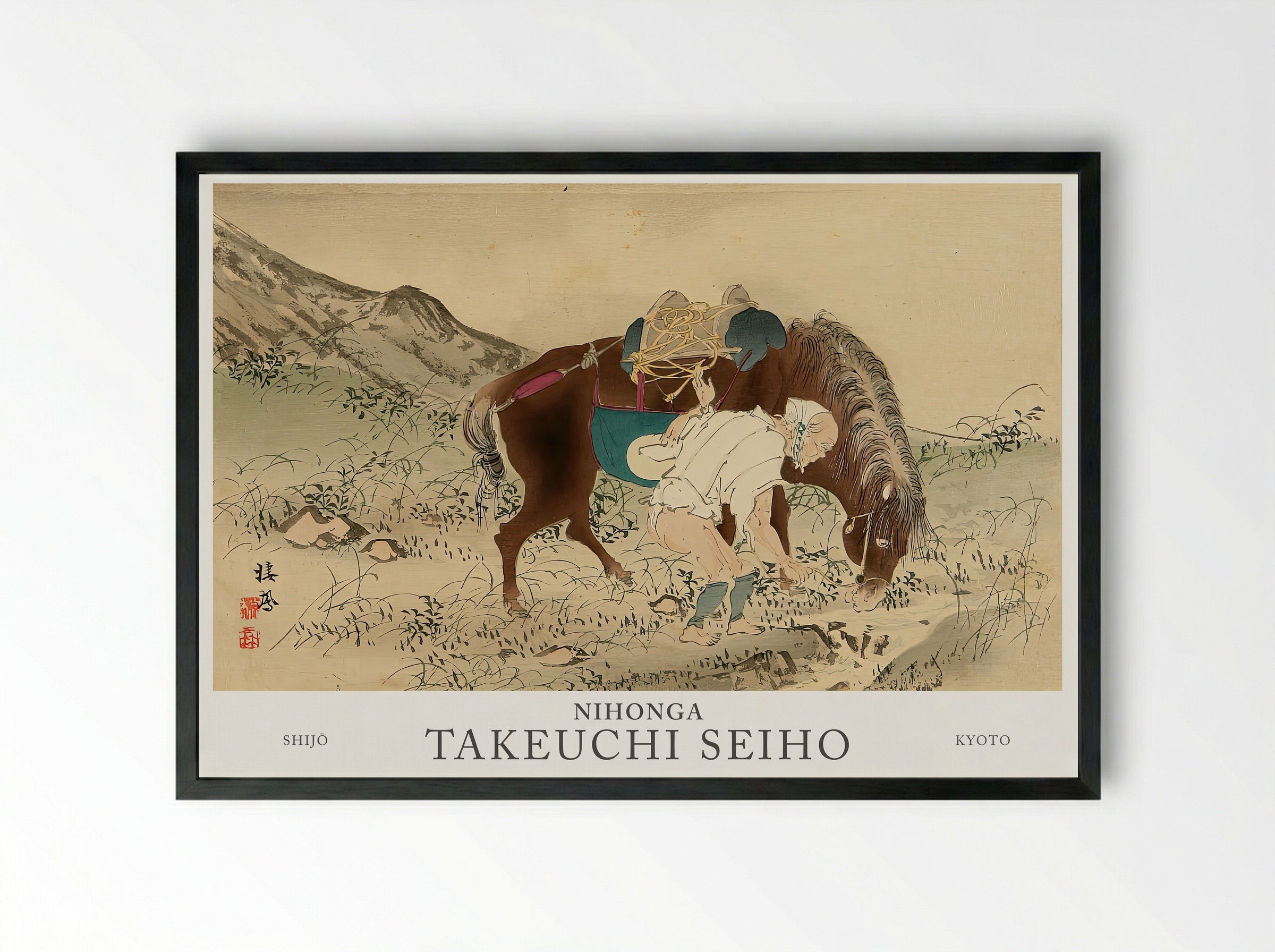 Seiho Twelve Fuji – Taking Care of Horse Modern Print Reproduction - Framed Print Black