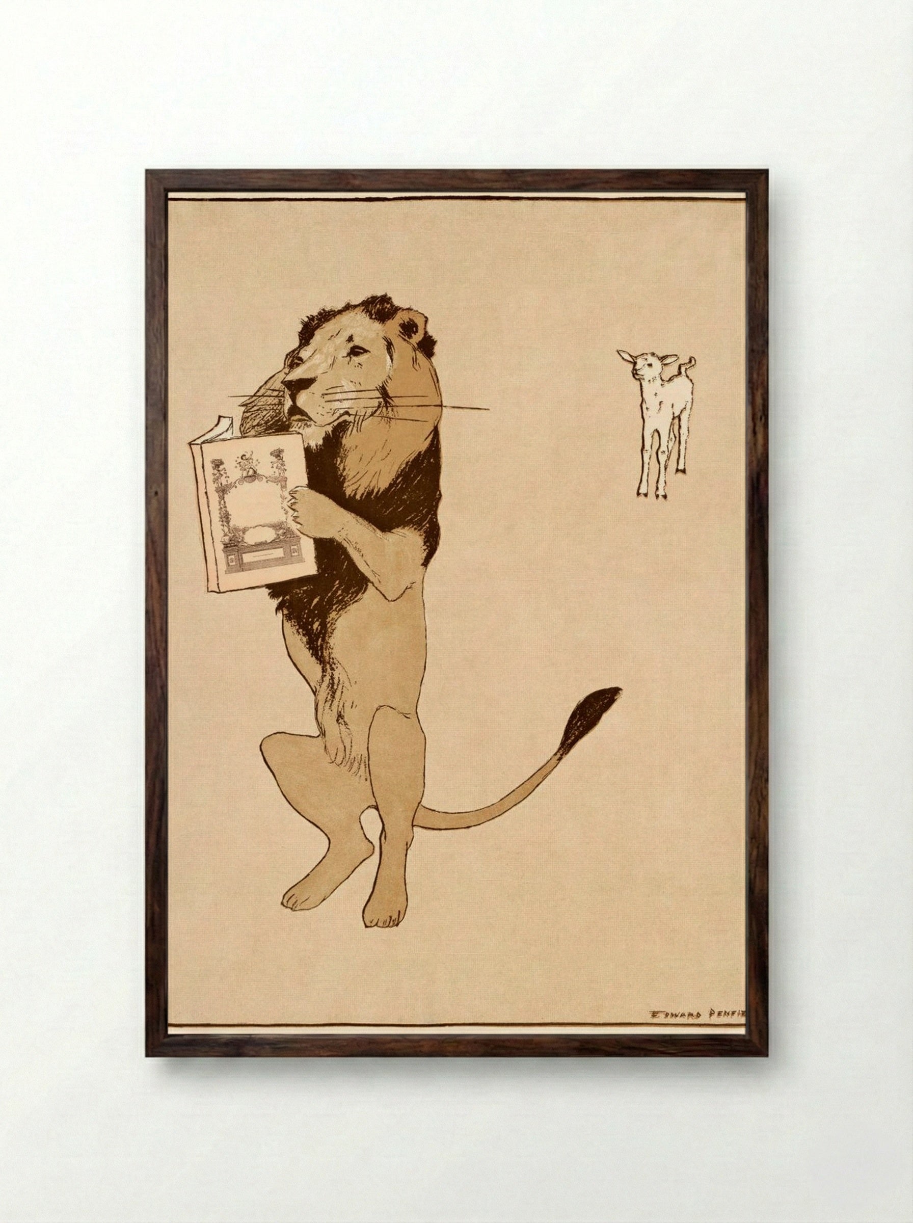 The Lion and the Book - Edward Penfield - Framed Print Dark Wood