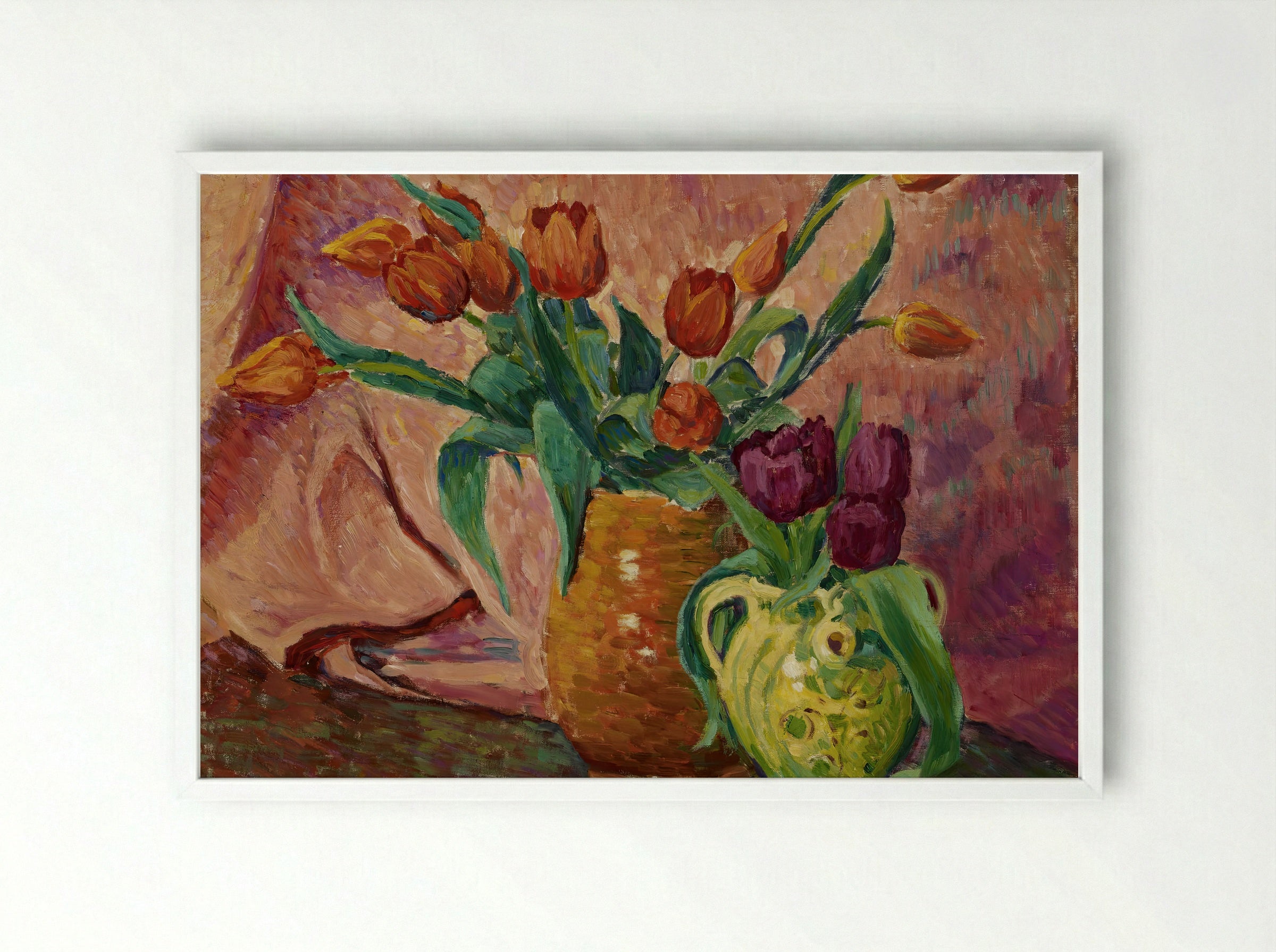 Two Vases with Tulips - Alfred William Finch - Framed Print White