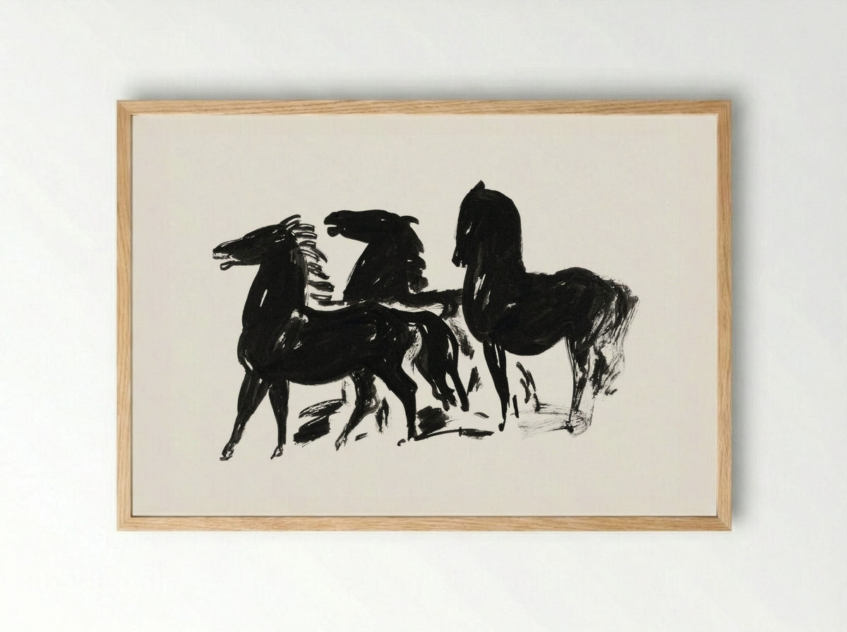 Three Black Horses Standing, Facing Left - Leo Gestel - Framed Print Wood