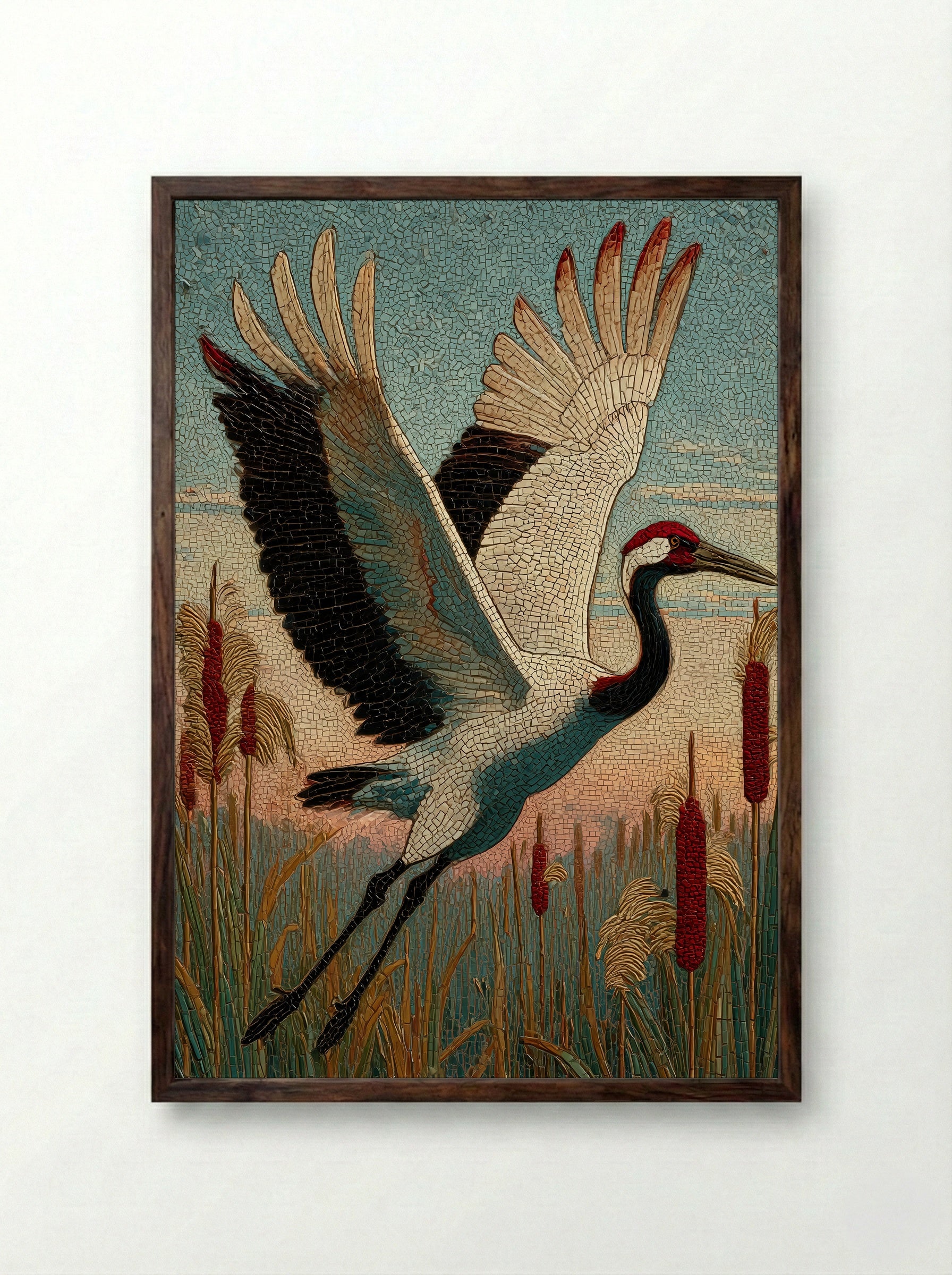 Crane over Reeds - Japanese Mosaic Print - Framed Print Dark Wood