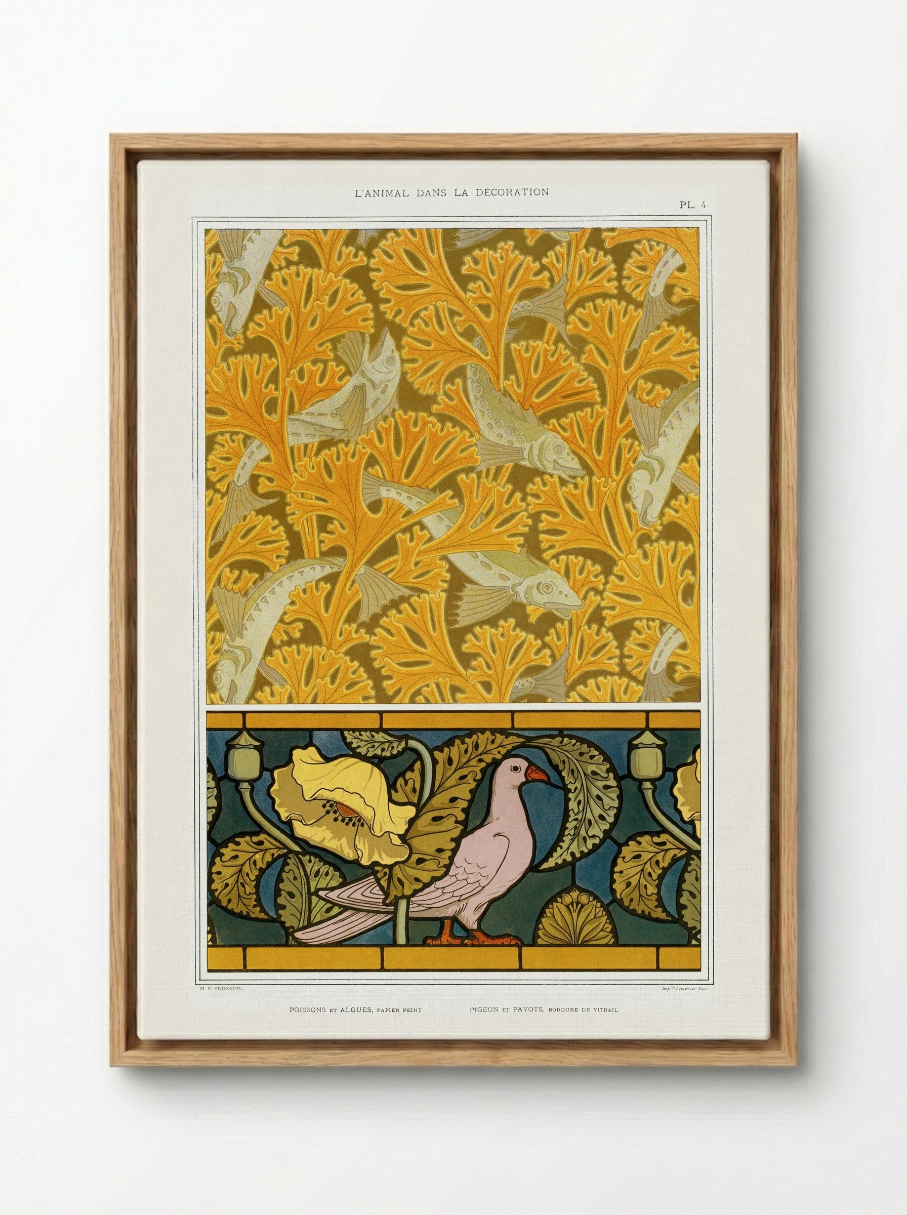 Poisson et Algues, Papier Peint / Pigeon et Pavots, Bordure de Vitrail - Maurice Pillard Verneuil - Framed Canvas Wood