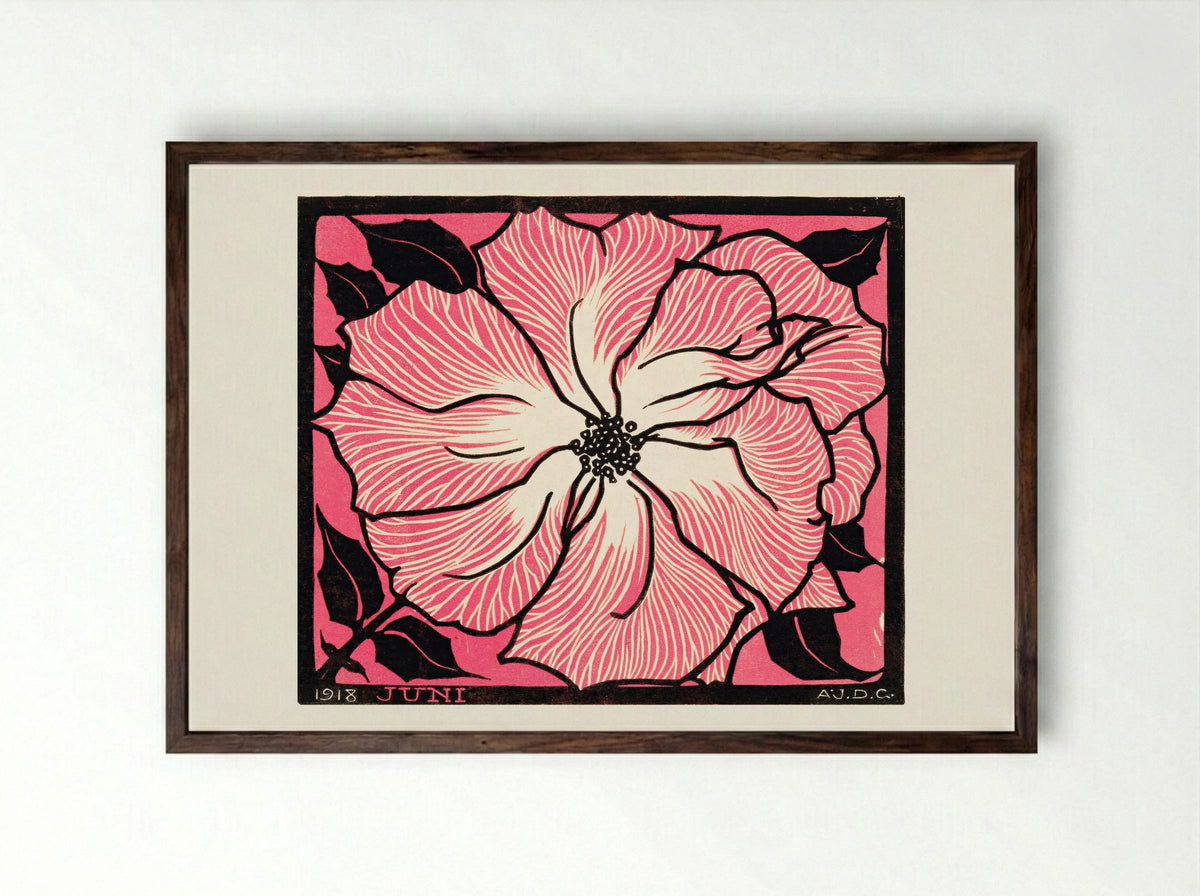 June (Floral Woodcut) - Julie de Graag - Framed Print Dark Wood