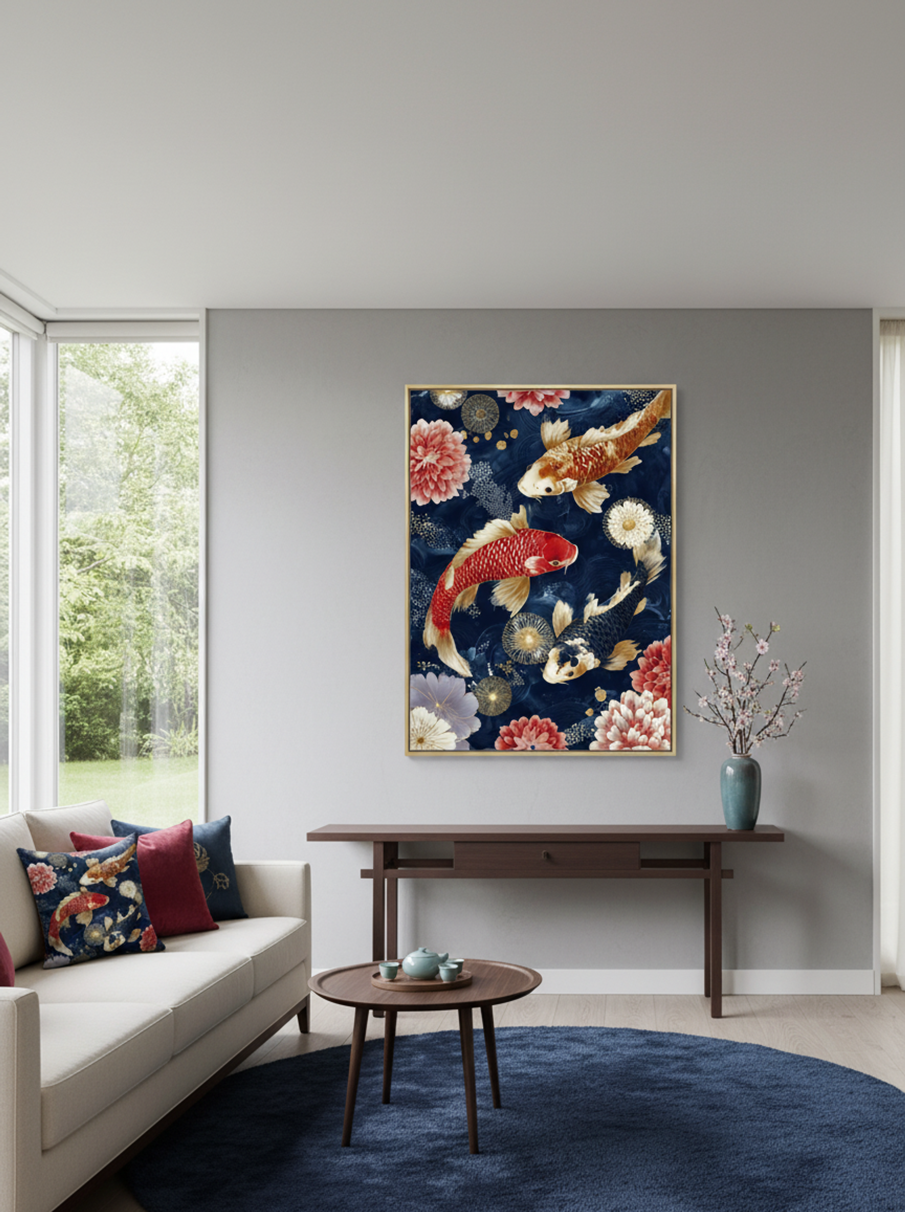 Trio of Koi Botanical Print in Crimson and Midnight - Lifestyle