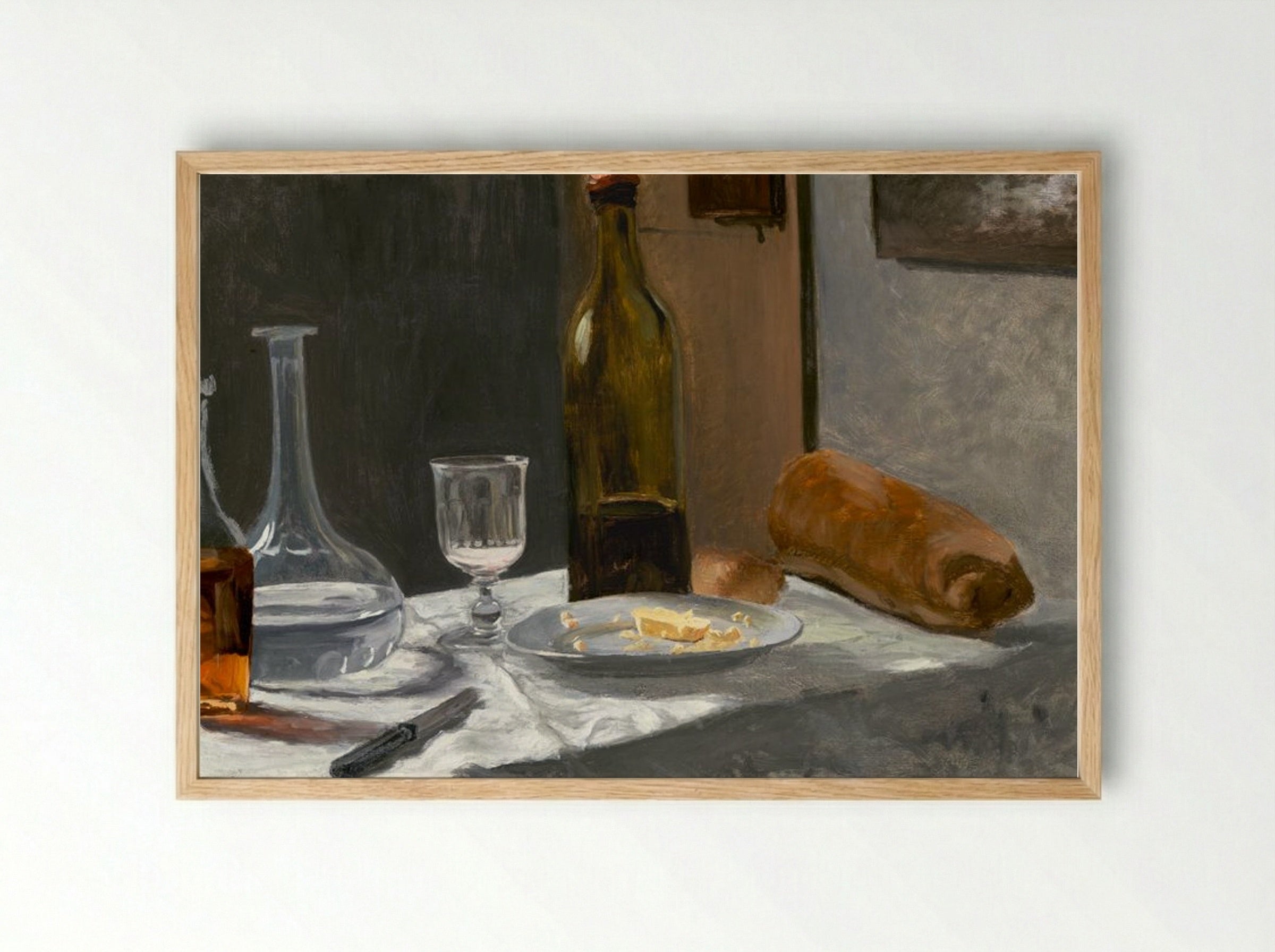 Still Life with Bottle, Carafe, Bread, and Wine - Claude Monet - Framed Print Wood