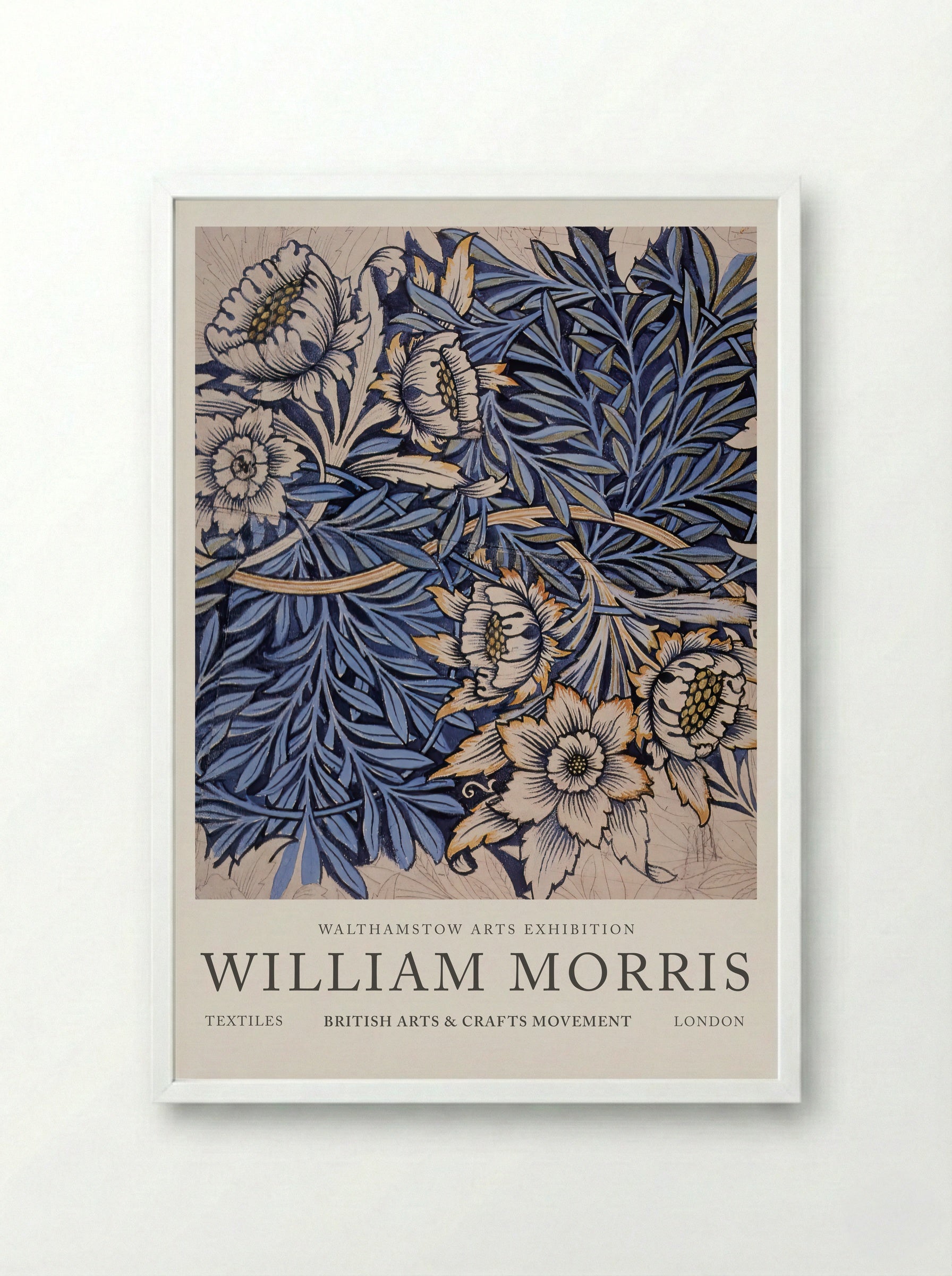 Design for Tulip and Willow indigo-discharge wood-block printed fabric - William Morris - Framed Print White
