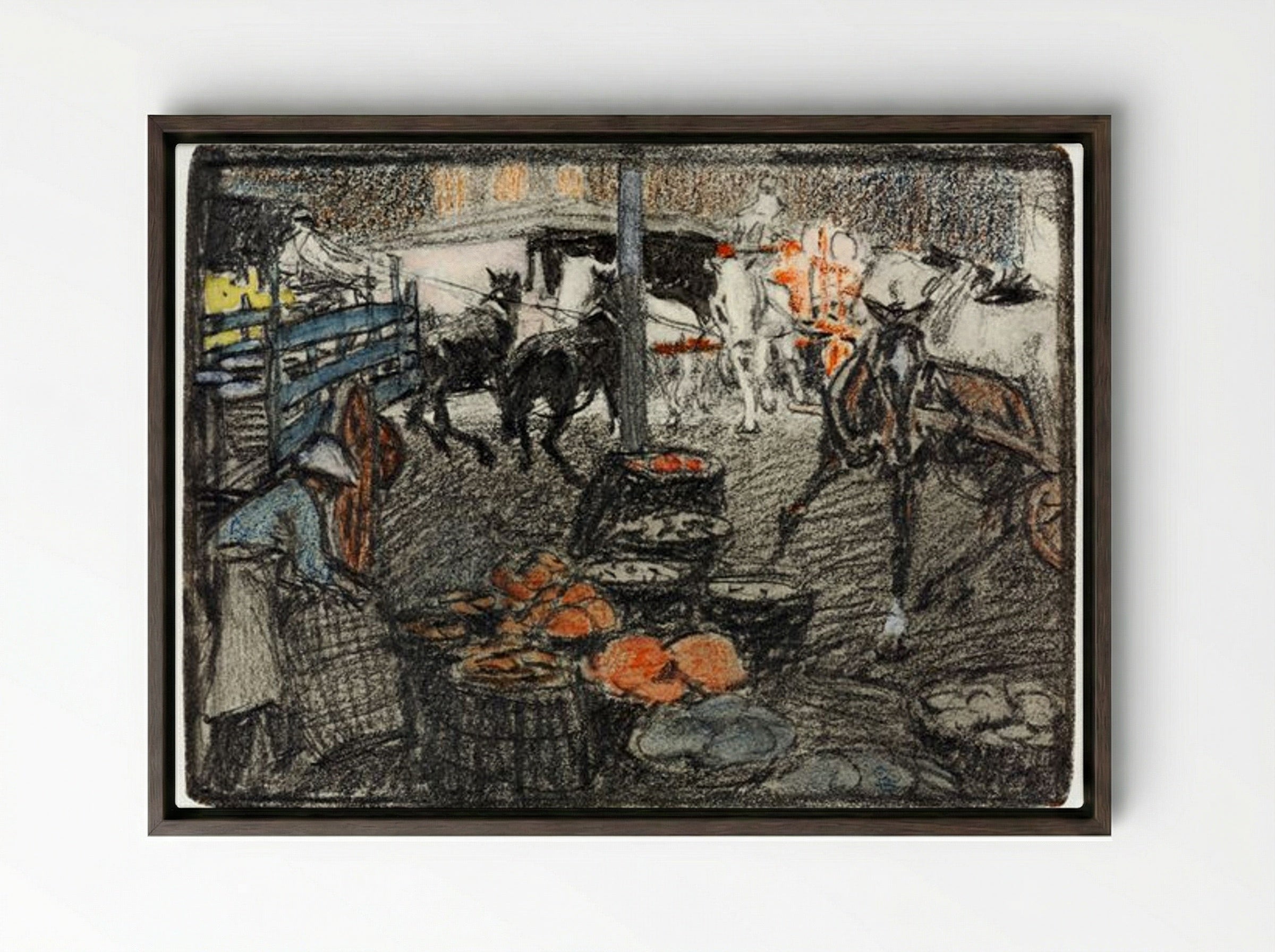 A Busy Market Scene - Edward Penfield - Framed Canvas Dark Wood