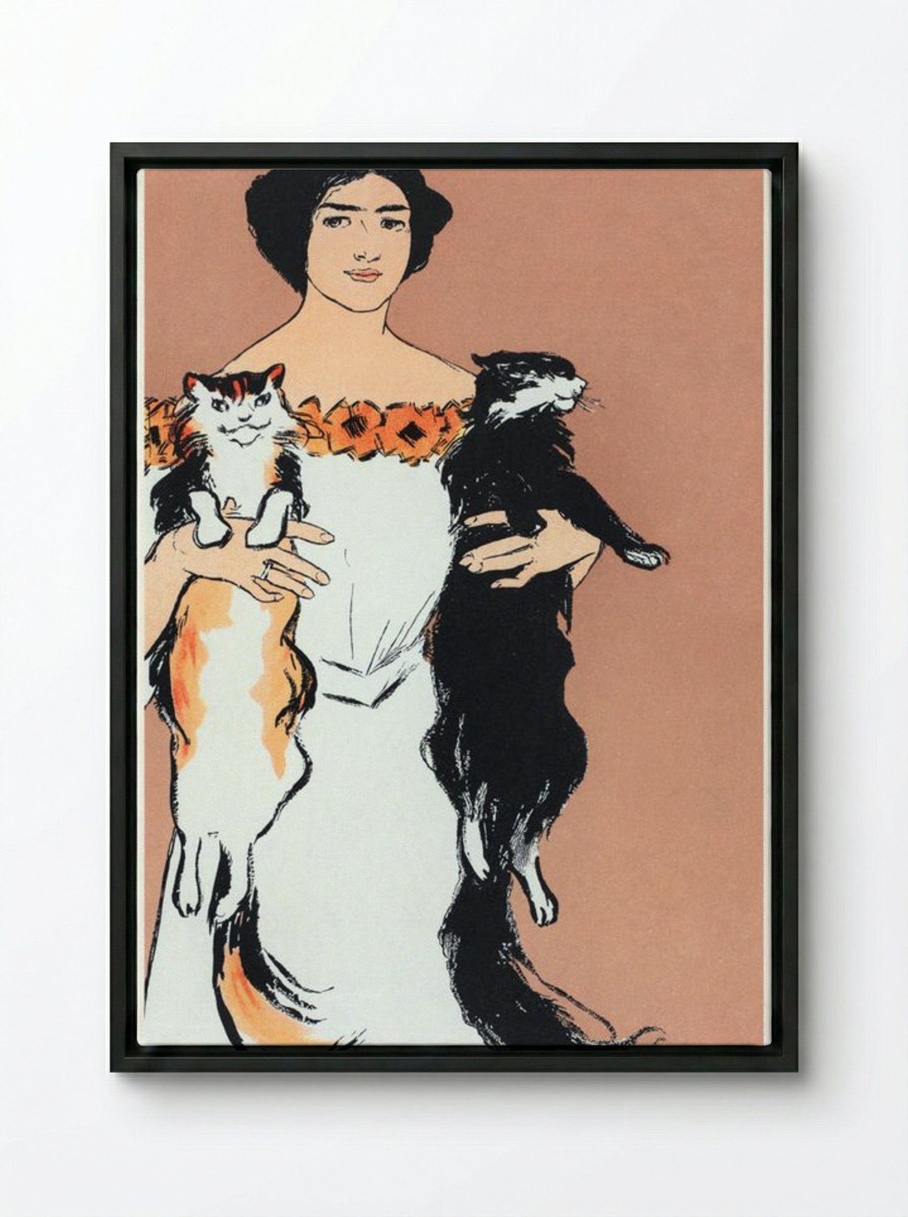 Woman Holding Cats - Edward Penfield - Framed Canvas Black
