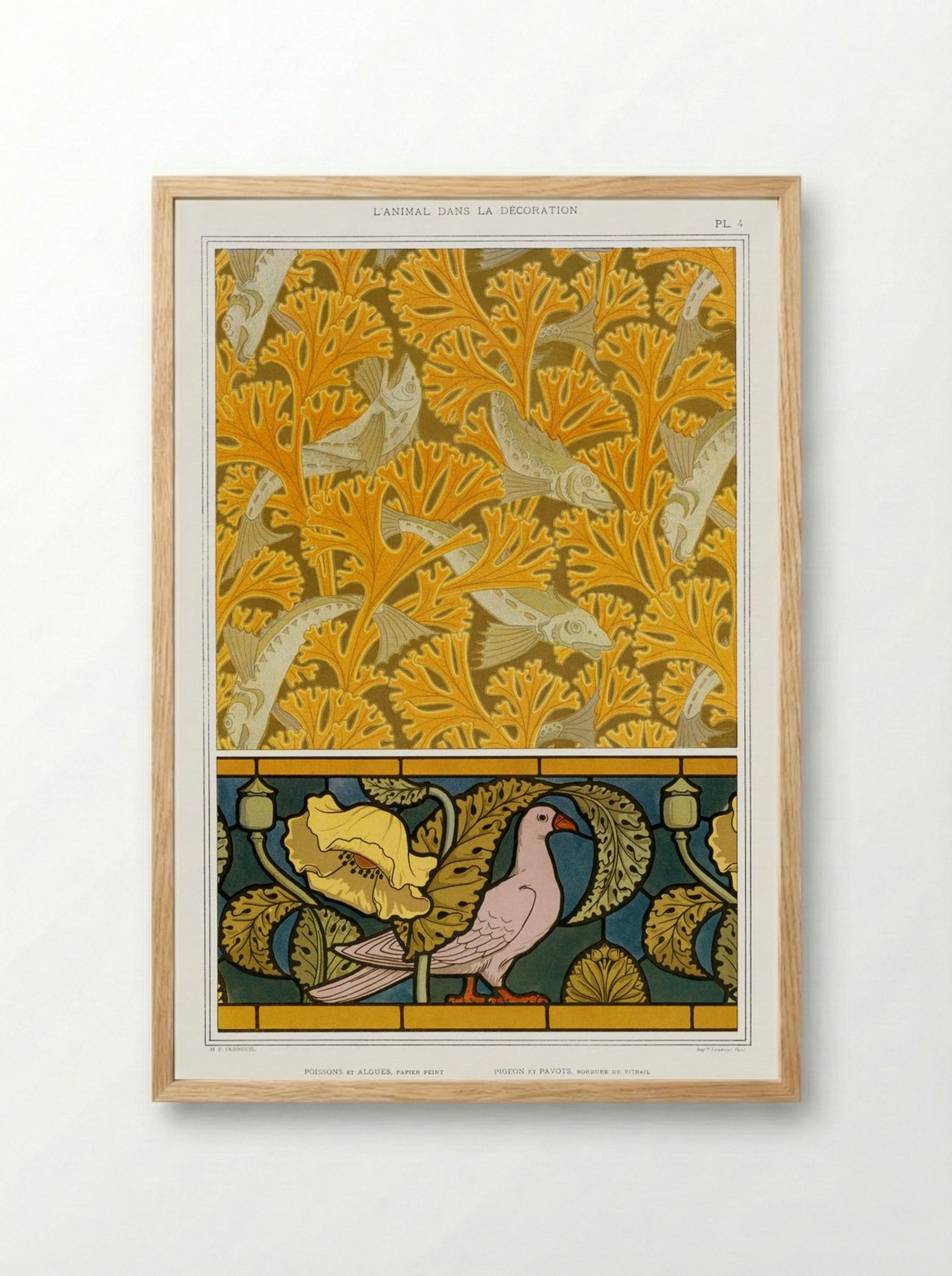 Poisson et Algues, Papier Peint; Pigeon et Pavots, Bordure de Vitrail - Maurice Pillard Verneuil - Framed Print Wood