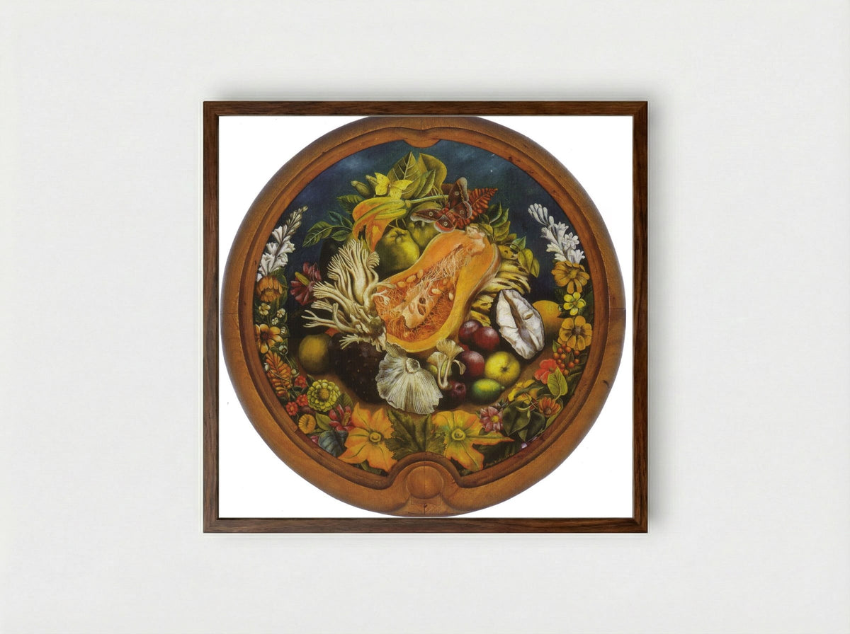 Still Life with Pumpkin and Flowers - Fine Art Print - Framed Print Dark Wood