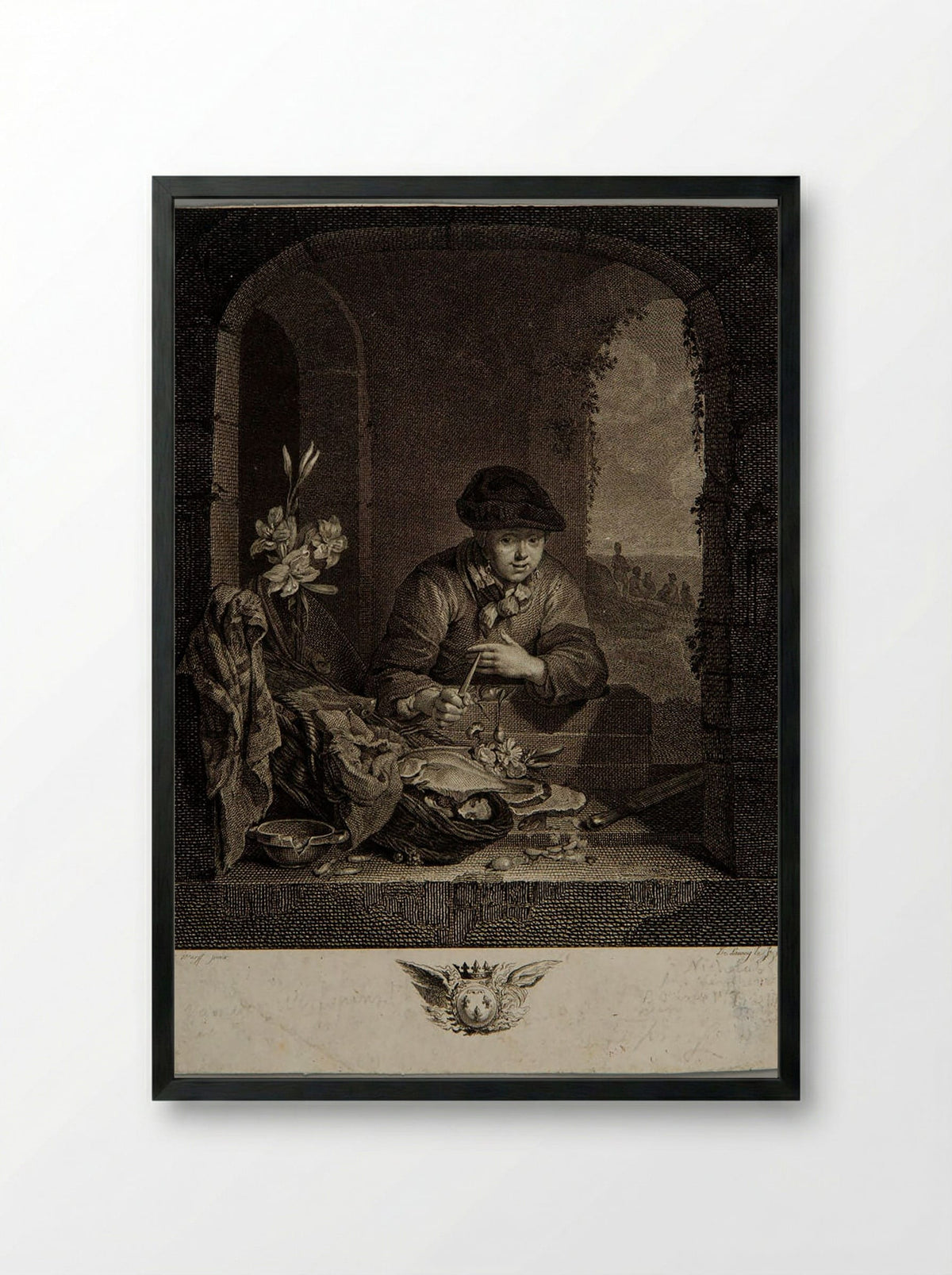 Woman with a Basket of Fish - Jacques-Philippe Le Bas - Framed Print Black