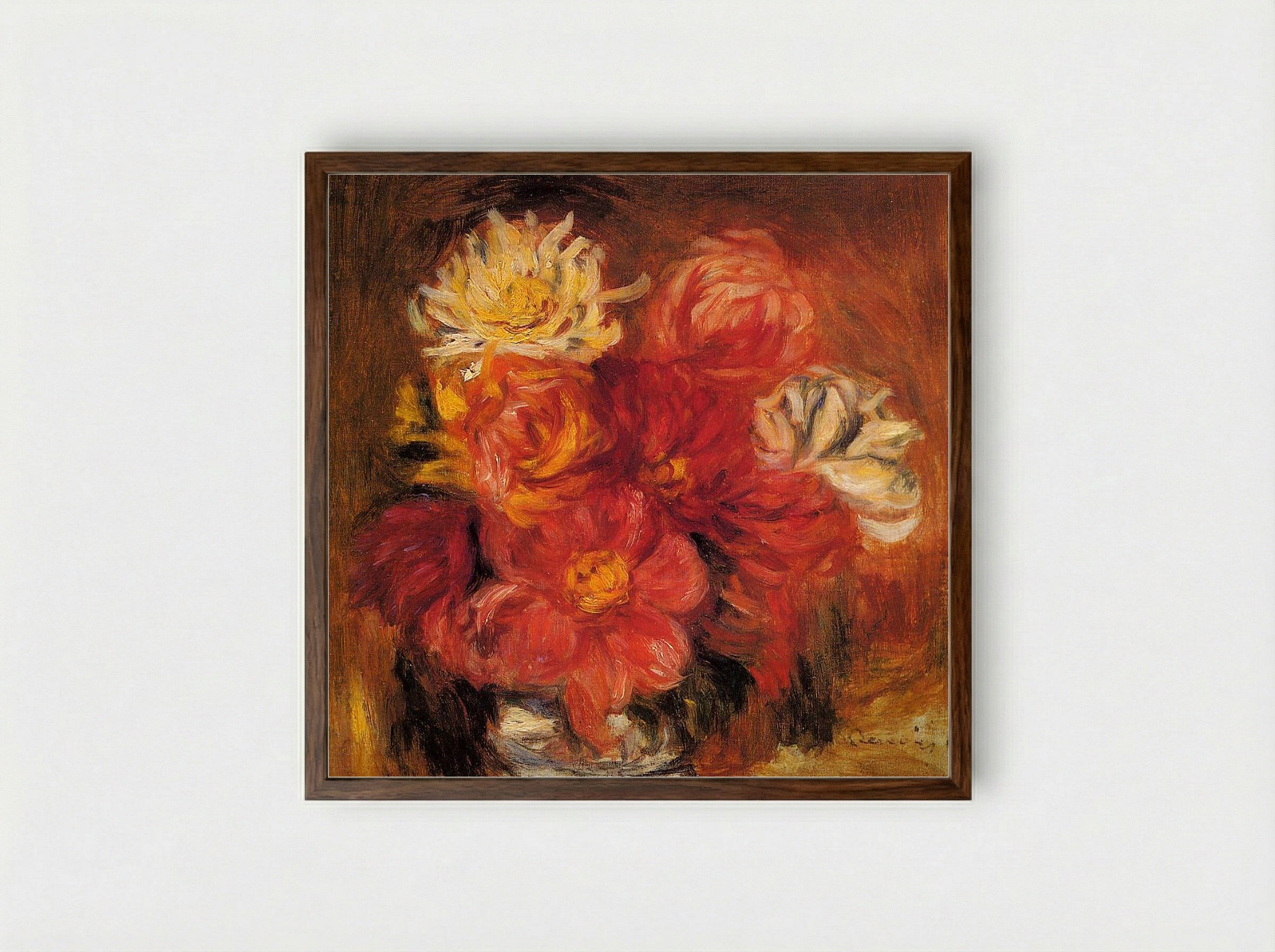 Dahlias in a Vase - Pierre-Auguste Renoir - Framed Print Dark Wood