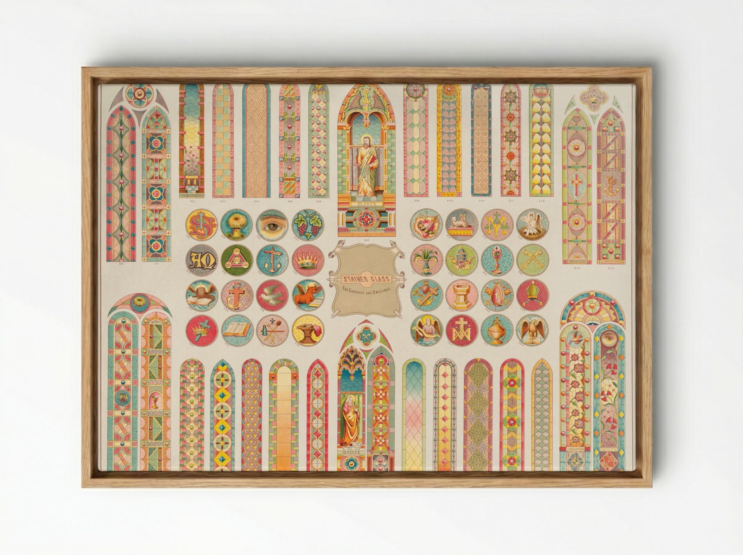 Stained Glass Designs for Churches and Dwellings - Fine Art Print - Framed Canvas Wood