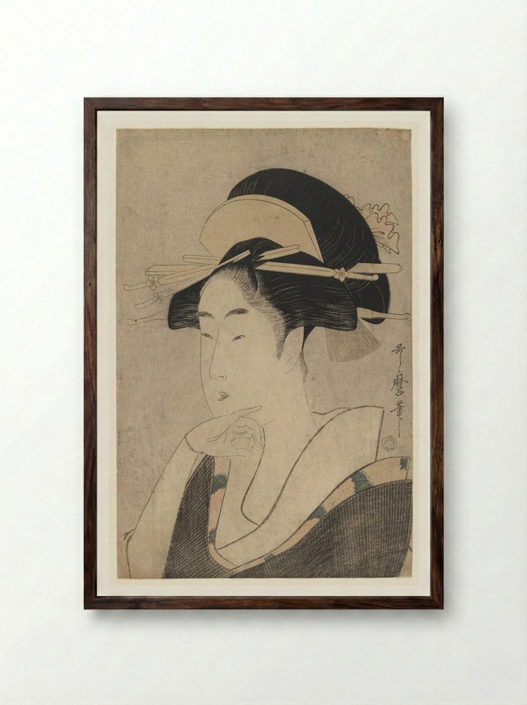 Large Head and Bust Portrait of Beauty - Kitagawa Utamaro - Framed Print Dark Wood