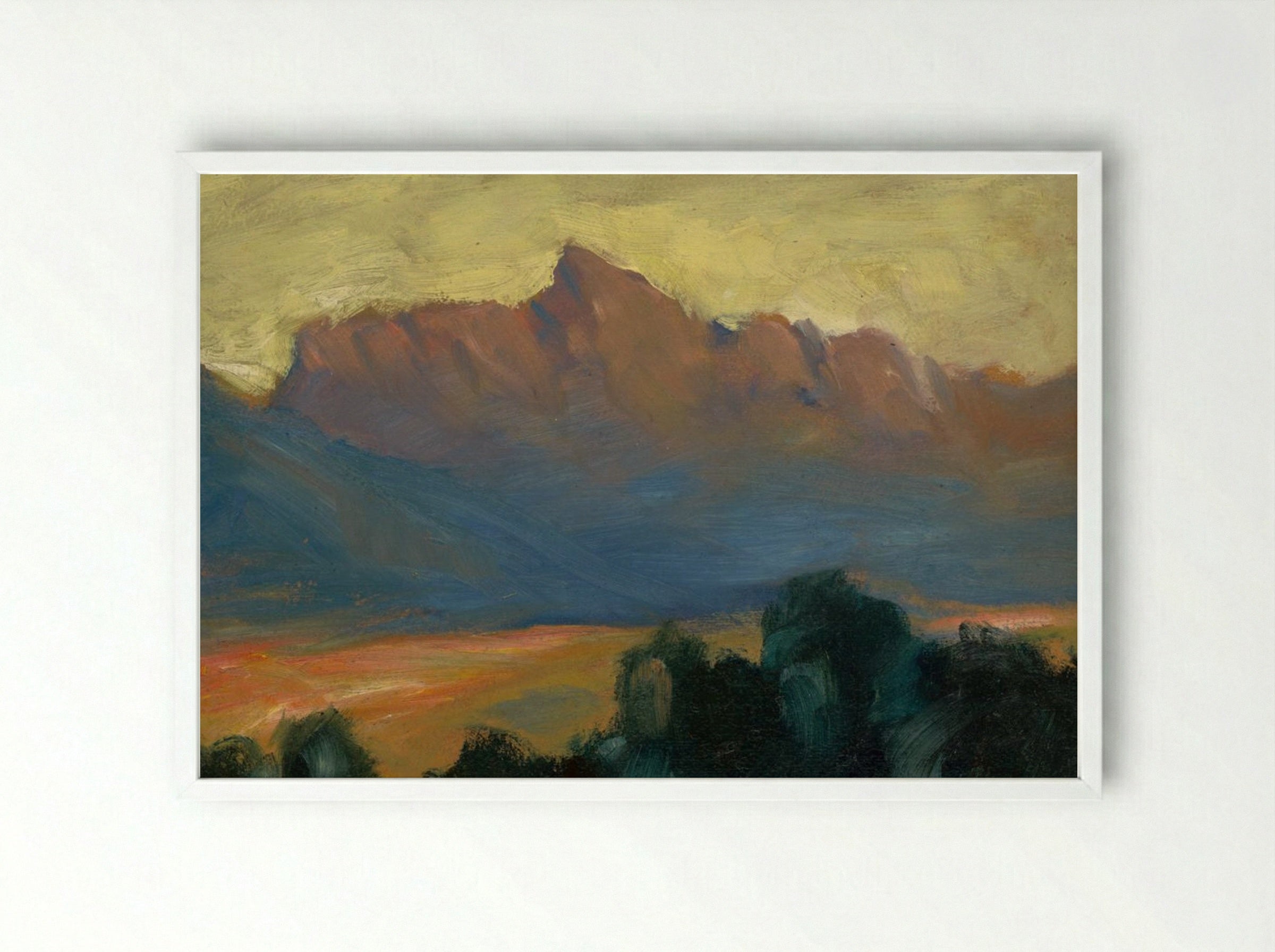 Mountain Landscape at Sunset - Zolo Palugyay - Framed Print White