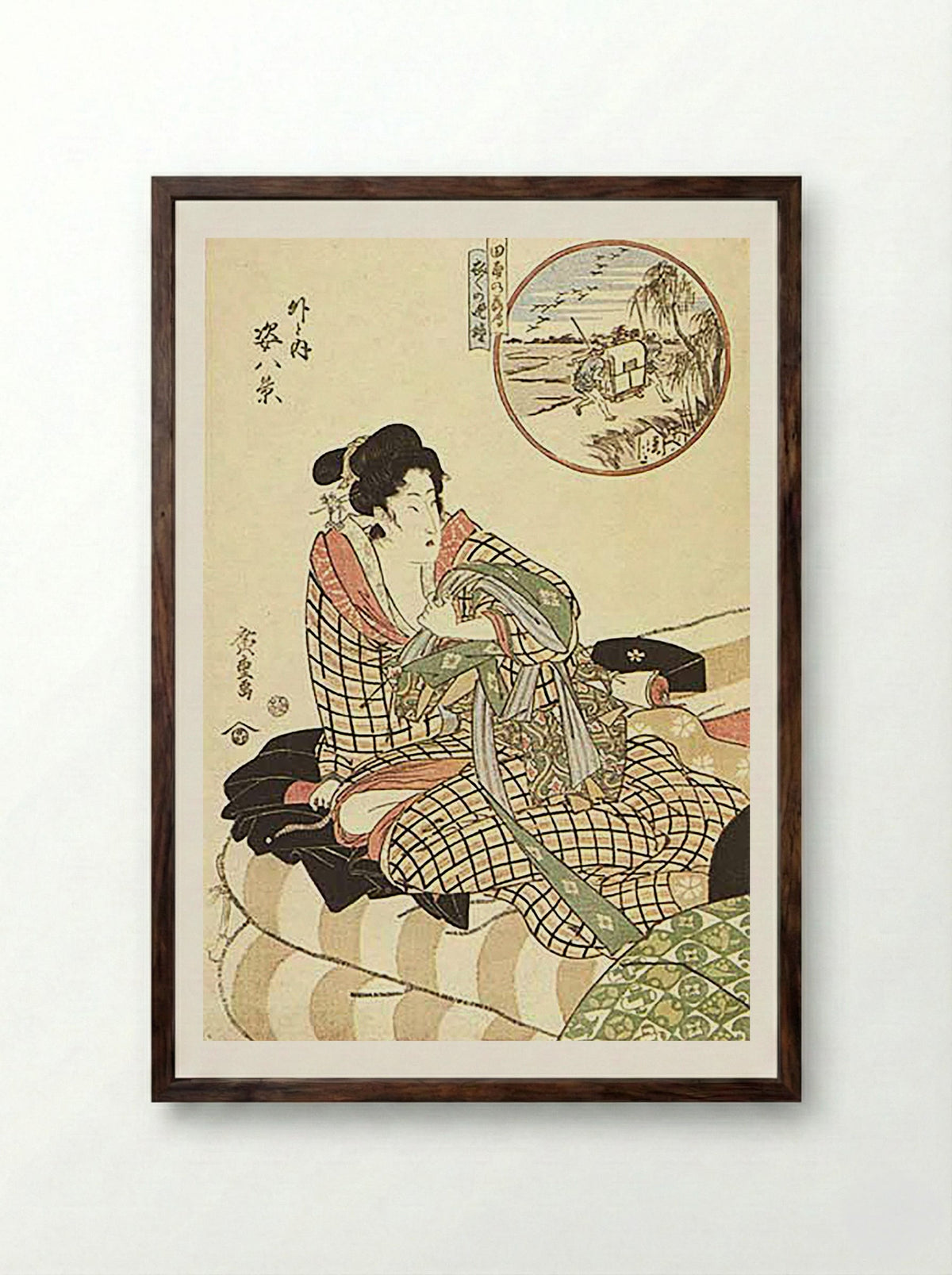 Courtesan Viewing Travellers (Outside and Inside) - Hiroshige - Framed Print Dark Wood