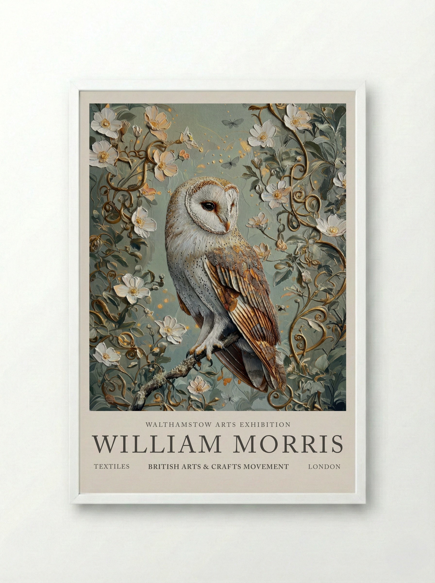 Barn Owl Whispering Wings - William Morris - Framed Print White