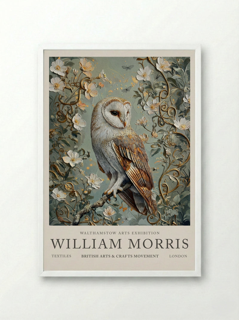 Barn Owl Whispering Wings - William Morris - Framed Print White