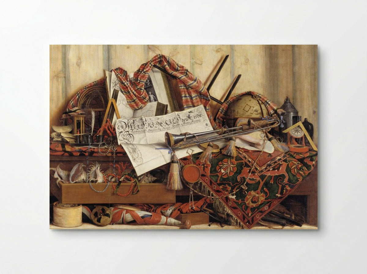 Trompe l'oeil with trumpet, celestial globe and Frederik III's proclamation - Cornelis Norbertus Gysbrechts - Poster