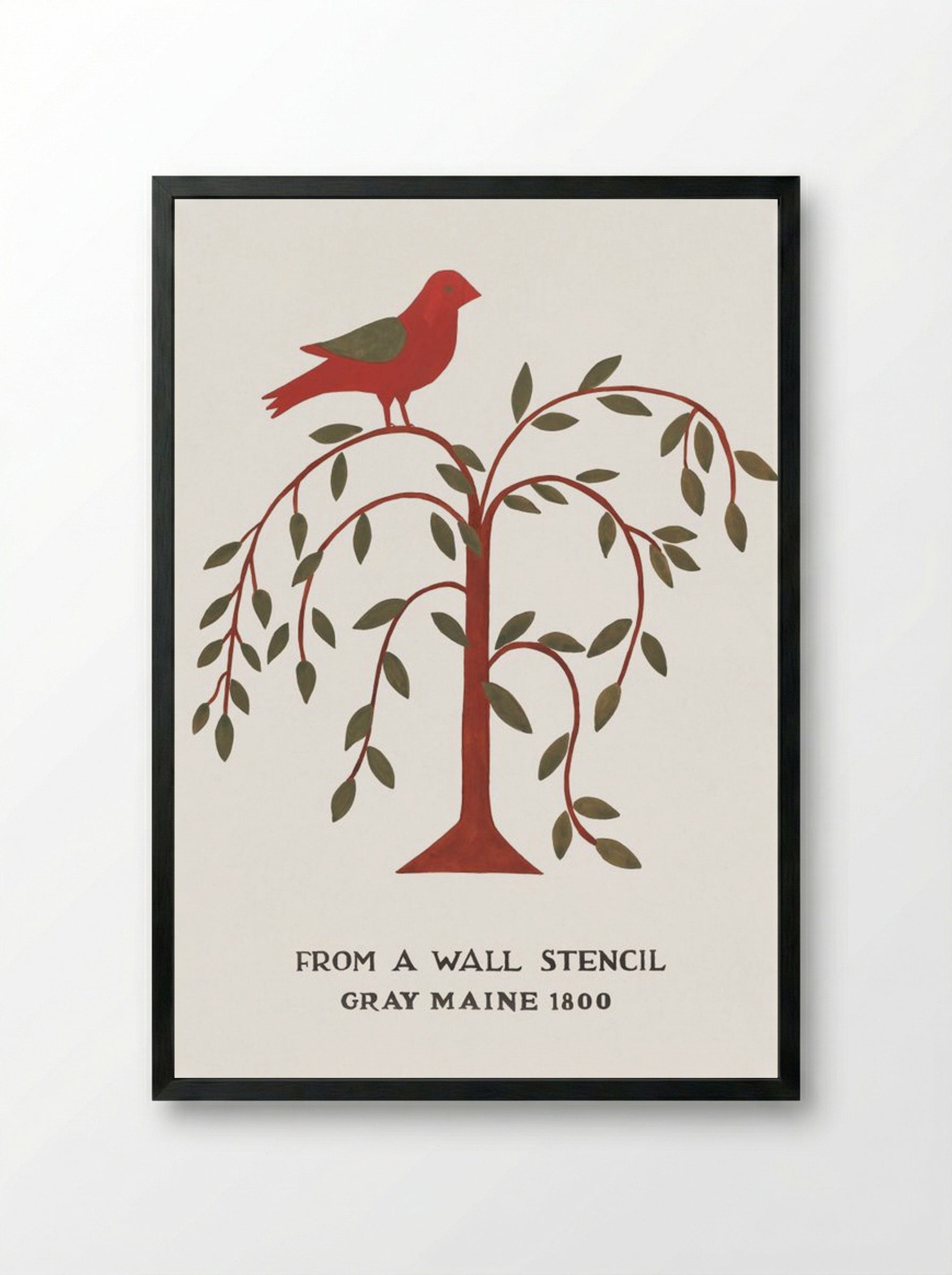 Maine Wall Stencil with Bird and Tree - Mildred E. Bent - Framed Print Black