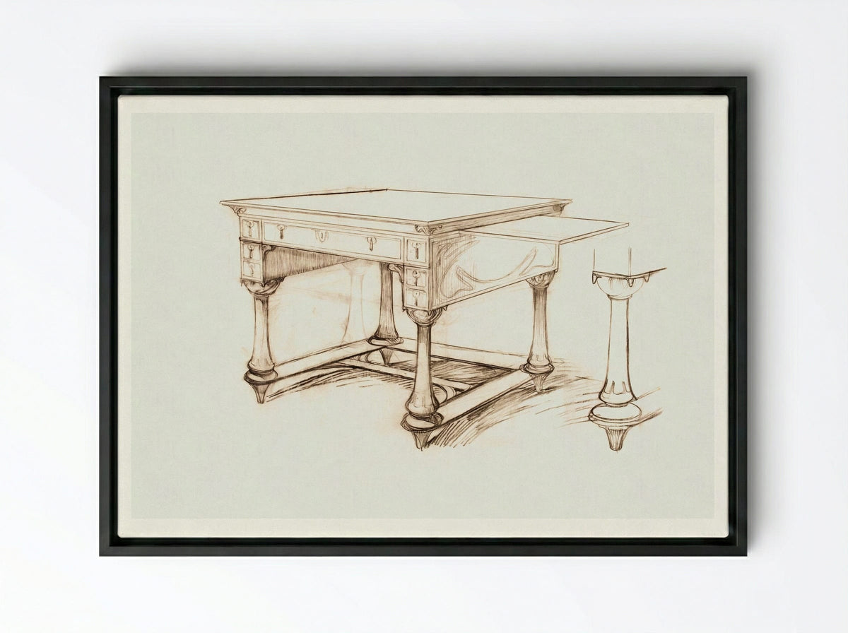Project of an Office Table - Alphonse Mucha - Framed Canvas Black