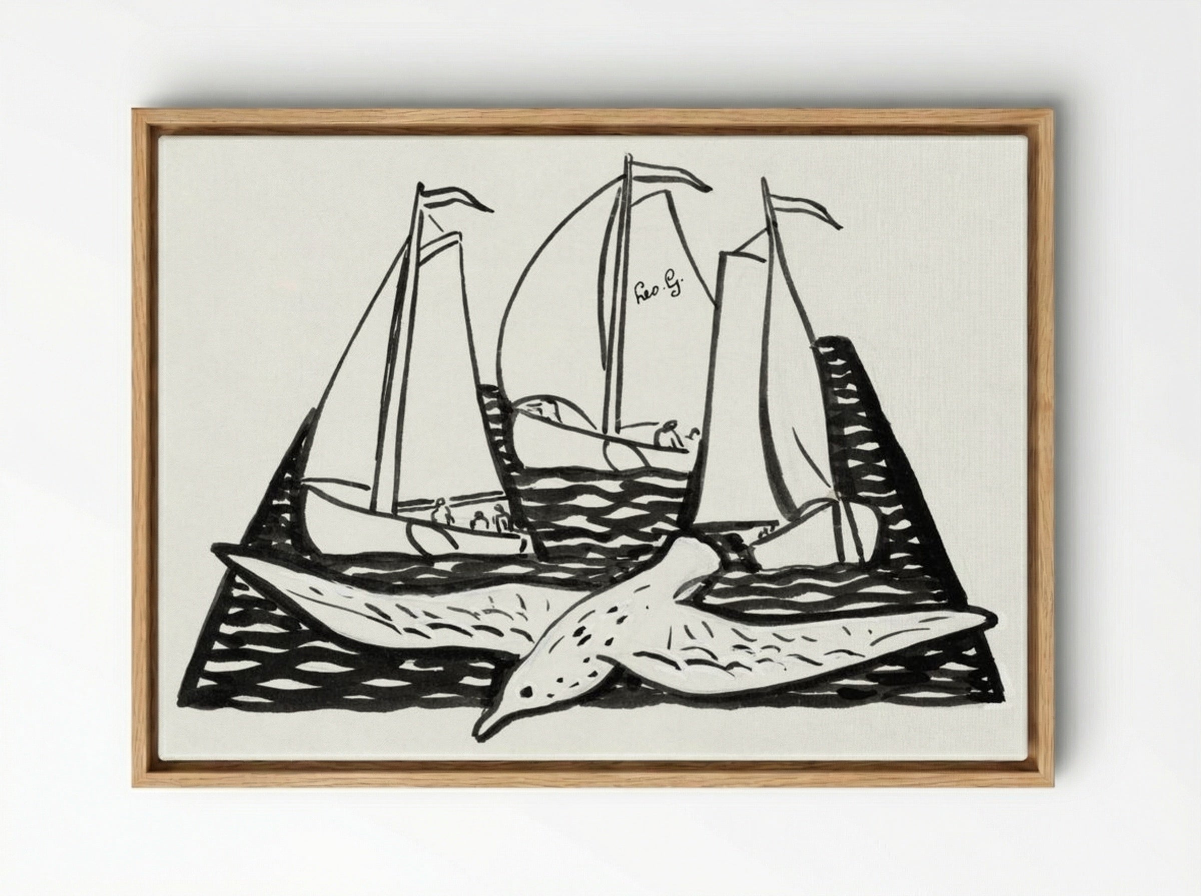 Three Sailing Ships and a Seagull - Leo Gestel - Framed Canvas Wood