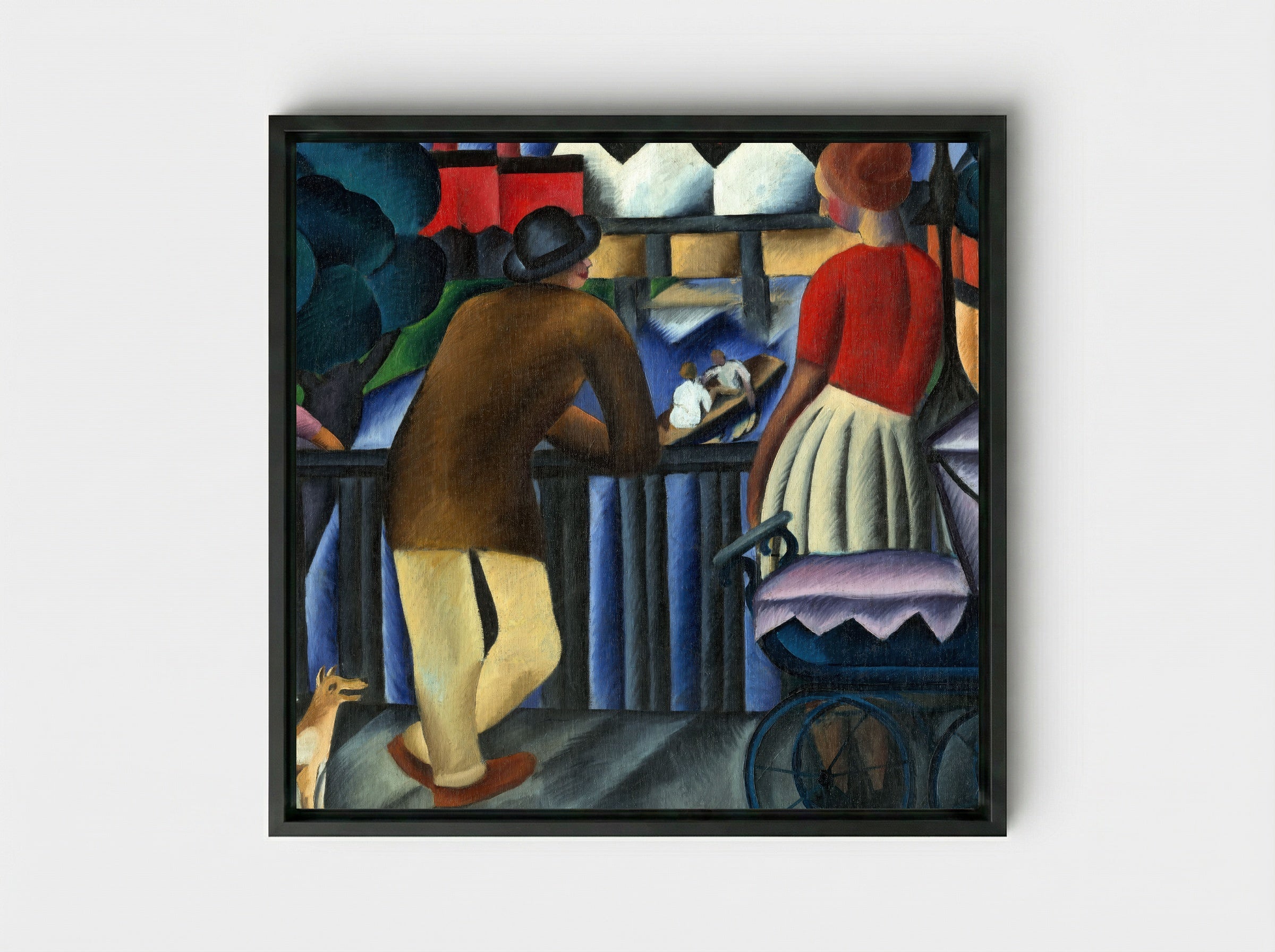 Urban Scene with Figures and Pram - Gejza Schiller - Framed Canvas Black
