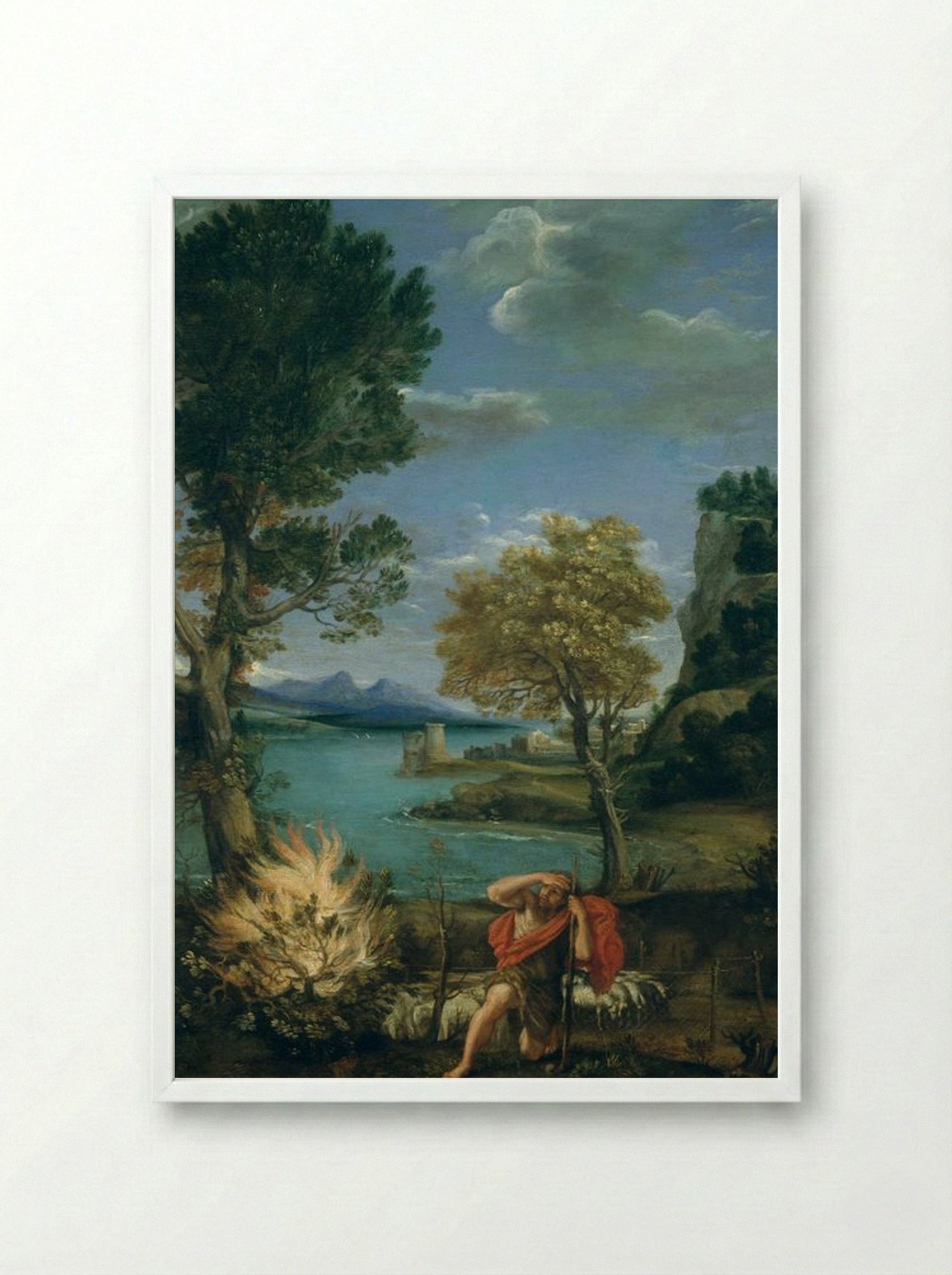 Landscape with Moses and the Burning Bush - Domenico Campagnola - Framed Print White