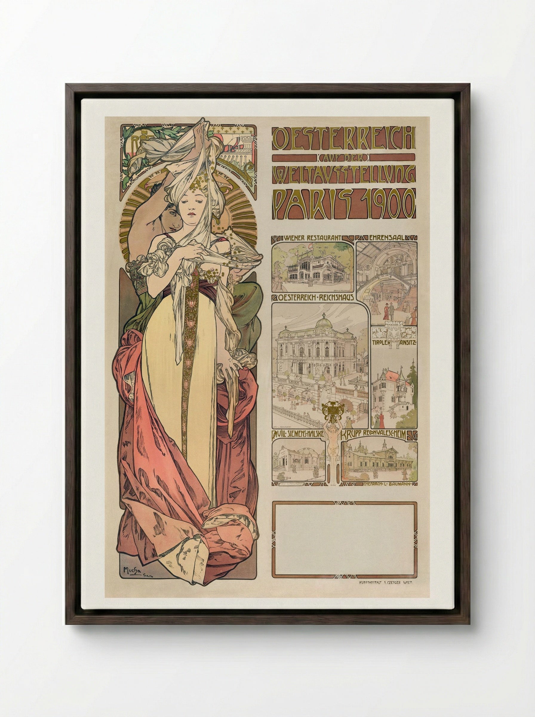 Austria at the Exposition Universelle, Paris 1900 - Alphonse Mucha - Framed Canvas Dark Wood