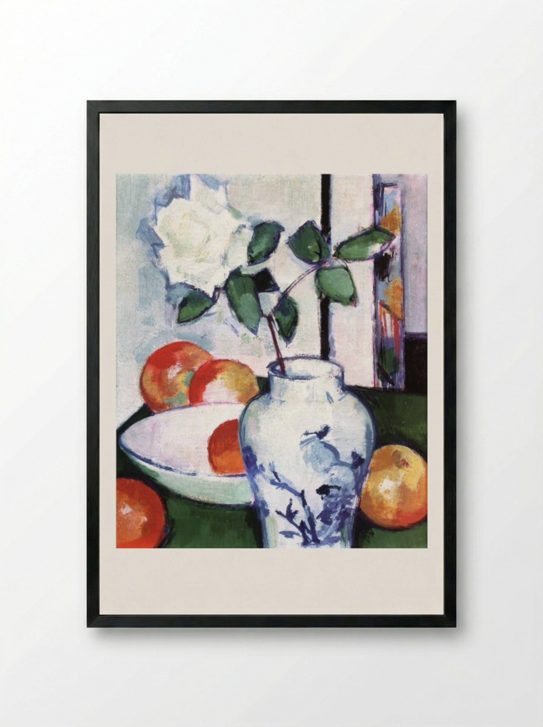 Still Life. Apples and a White Rose in an Oriental Vase - Samuel Peploe - Framed Print Black