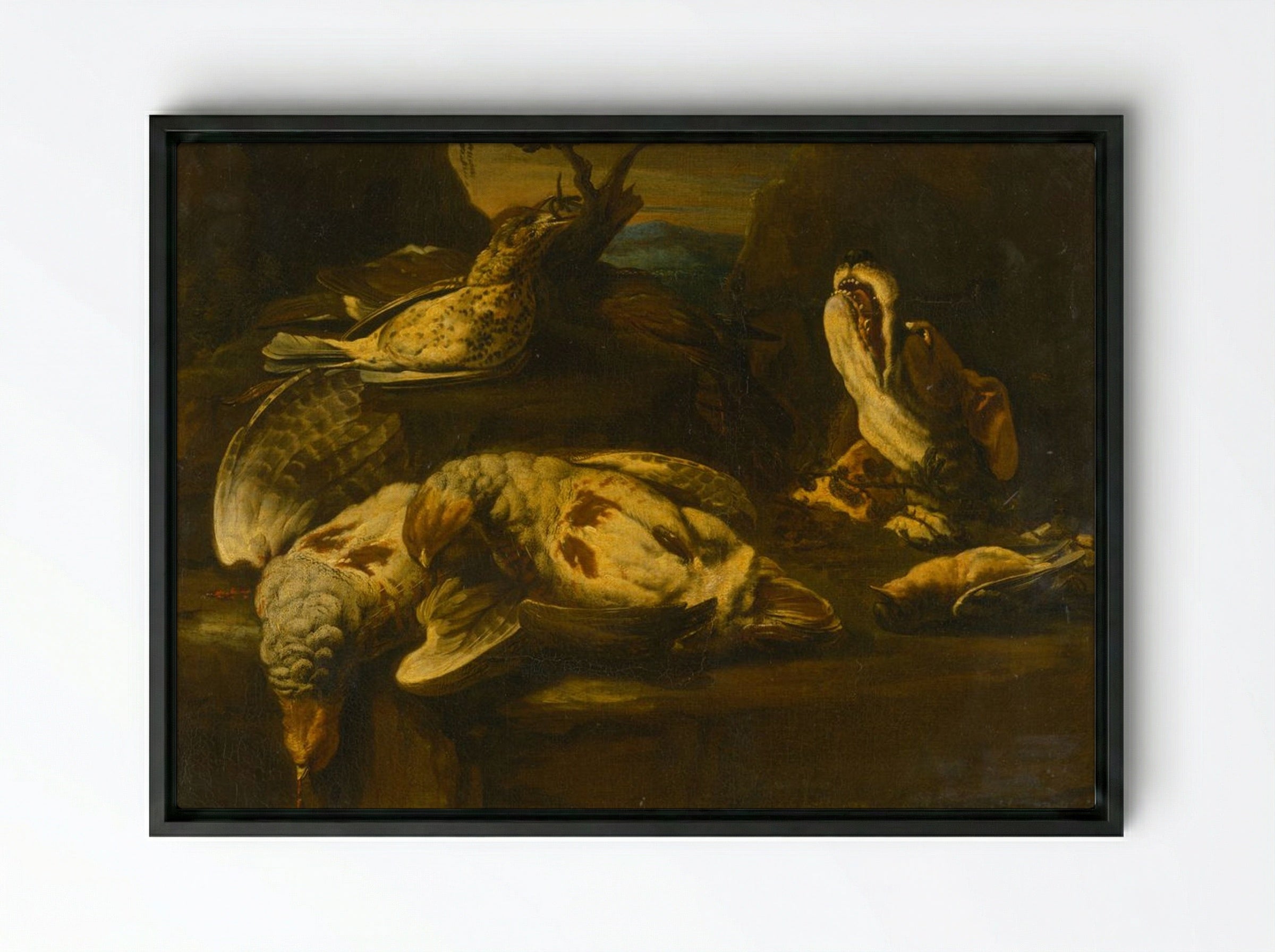 Hunting Still Life with Birds and Dog - Fine Art Print - Framed Canvas Black