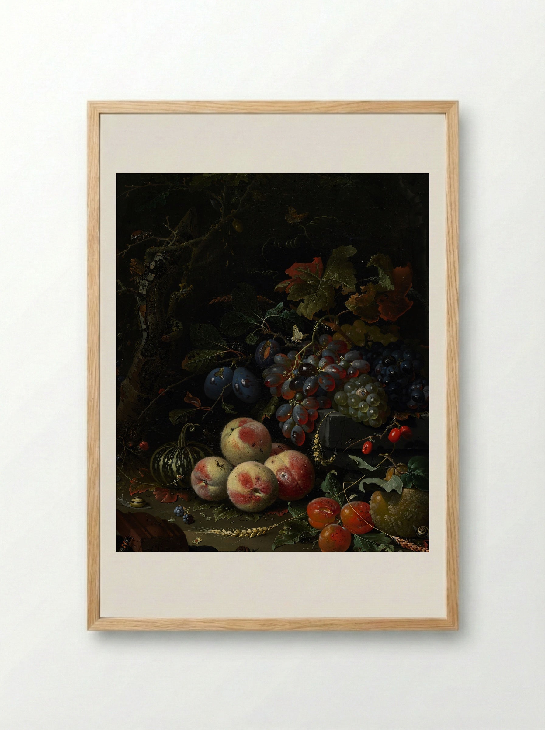 Still Life with Fruit, Foliage, and Insects - Abraham Mignon - Framed Print Wood