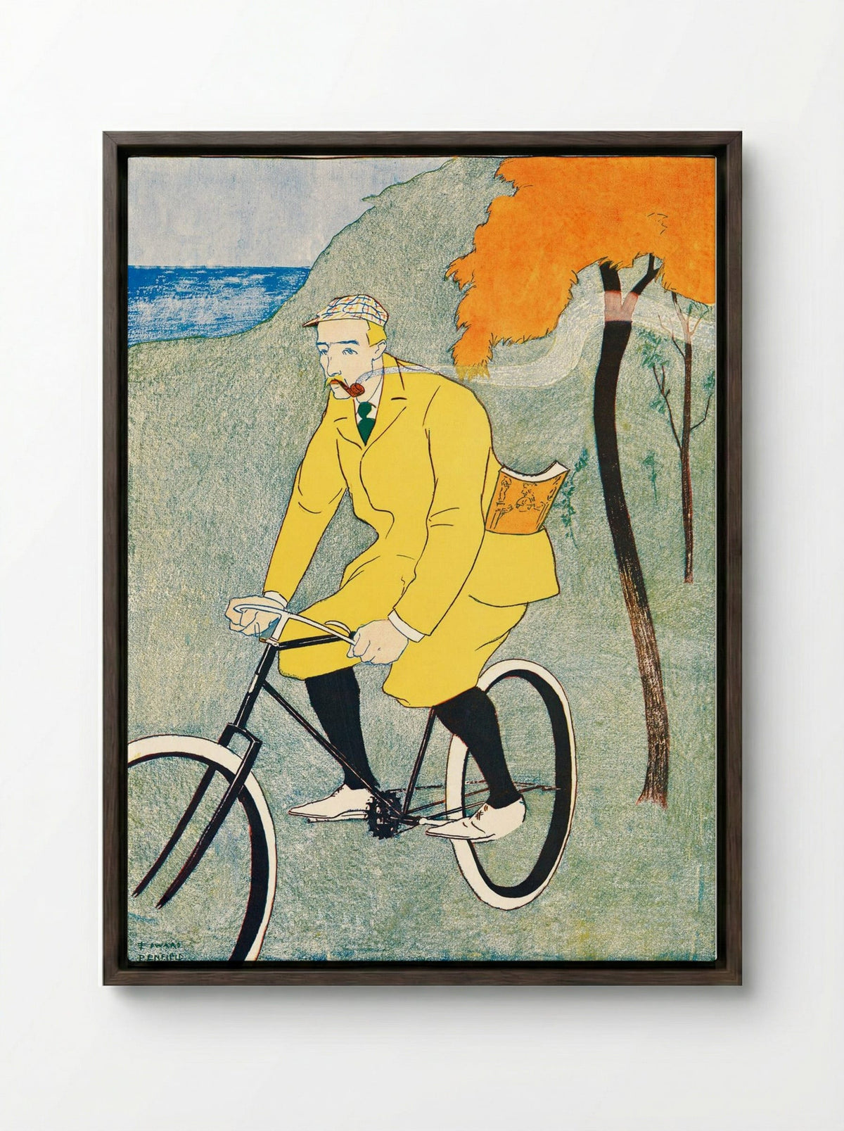 Man Riding Bicycle - Edward Penfield - Framed Canvas Dark Wood