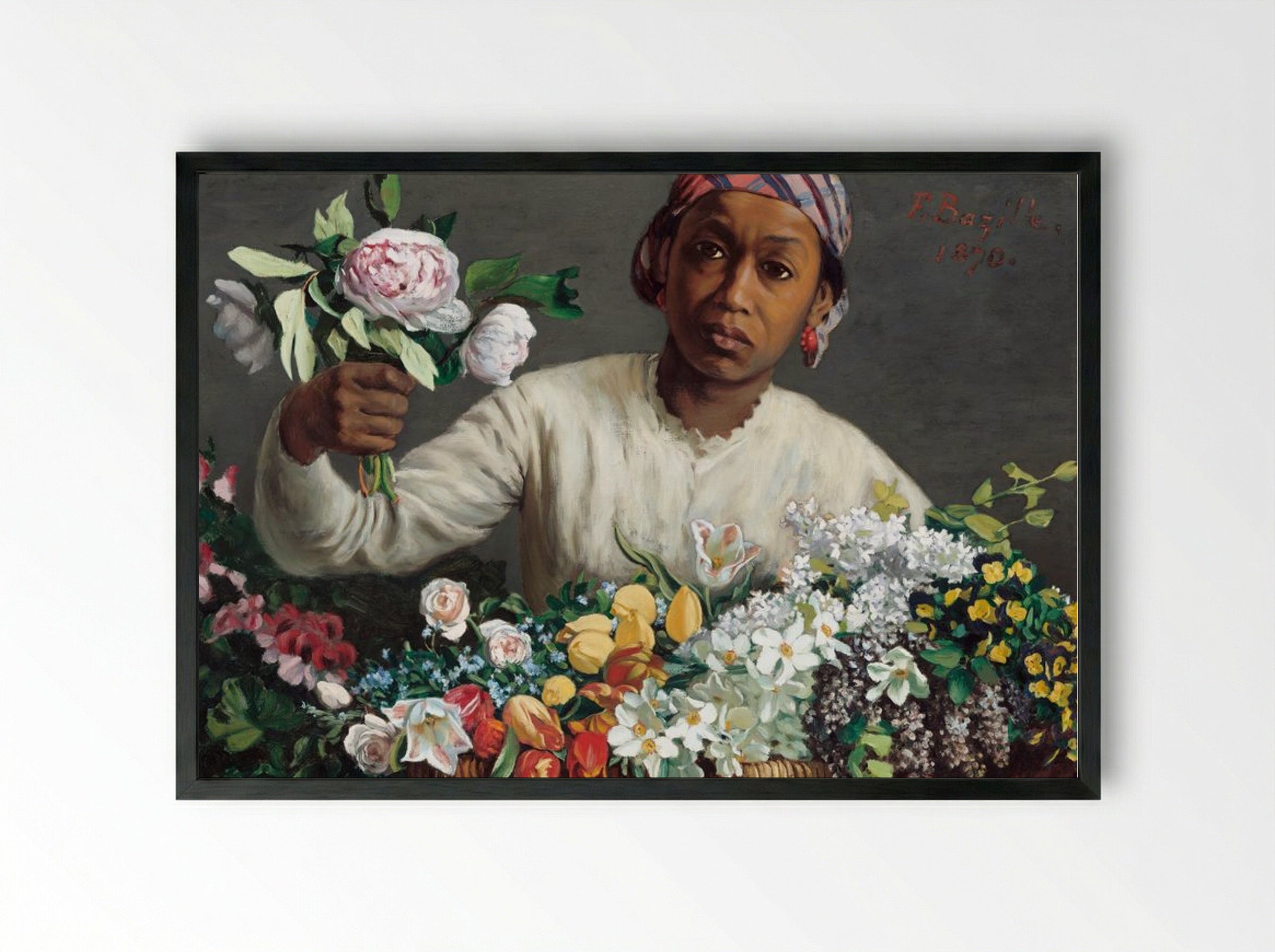 Young Woman with Peonies - Frédéric Bazille - Framed Print Black