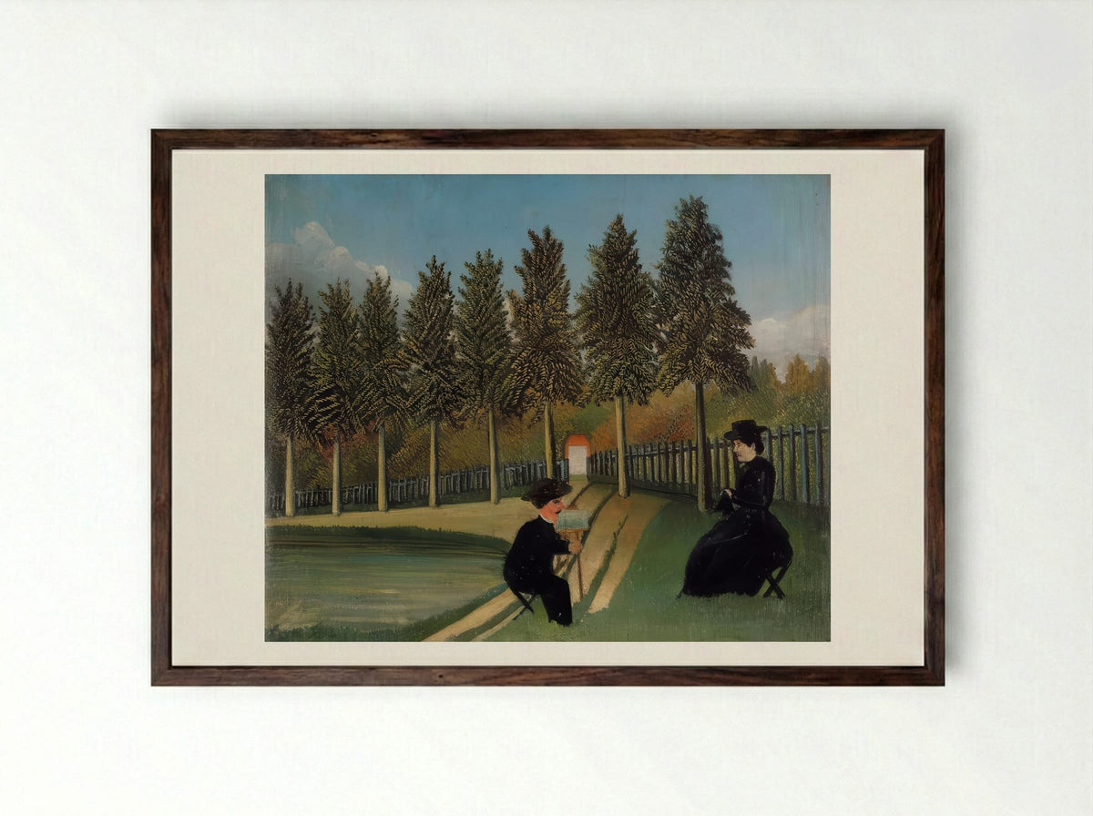 The Artist Painting His Wife by Henri Rousseau – Naïve Art Figurative Interior Print - Framed Print Dark Wood
