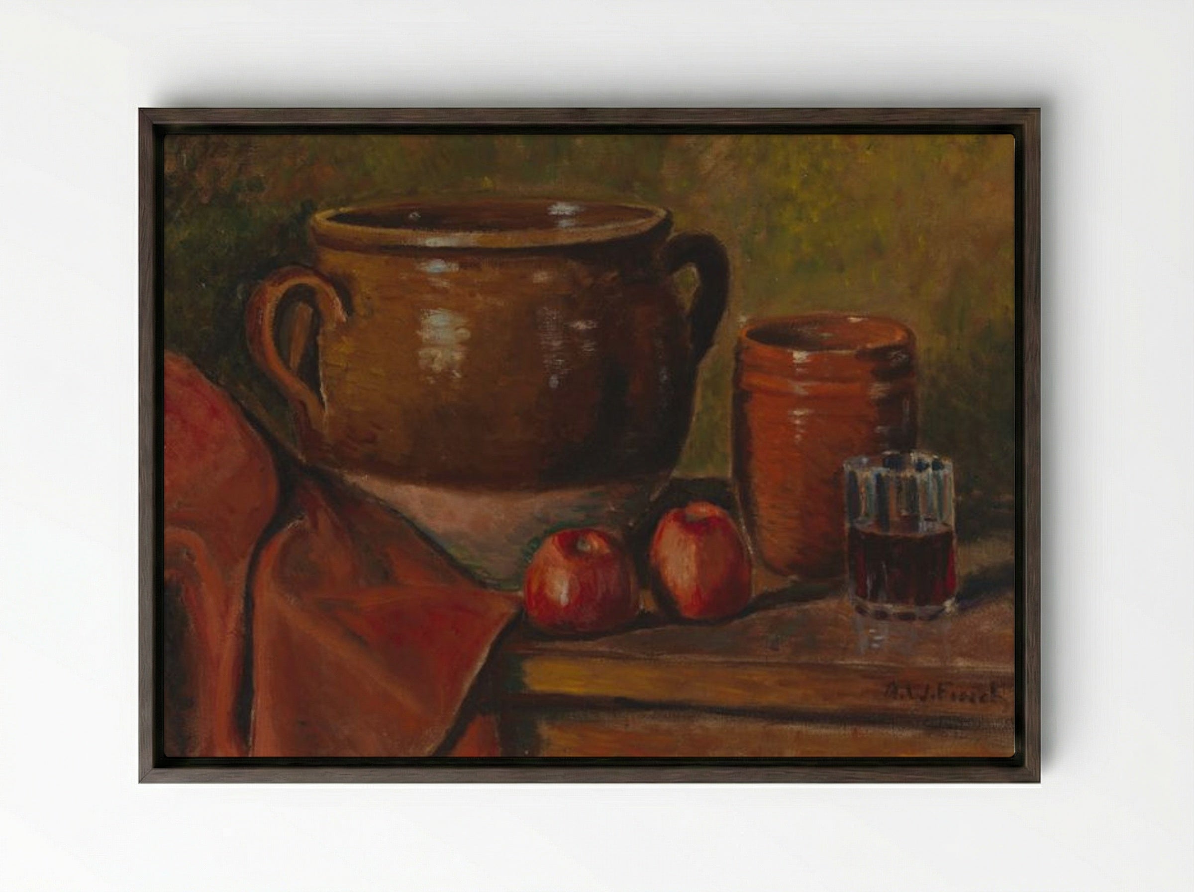 Still Life with Pottery and Apples - Alfred William Finch - Framed Canvas Dark Wood