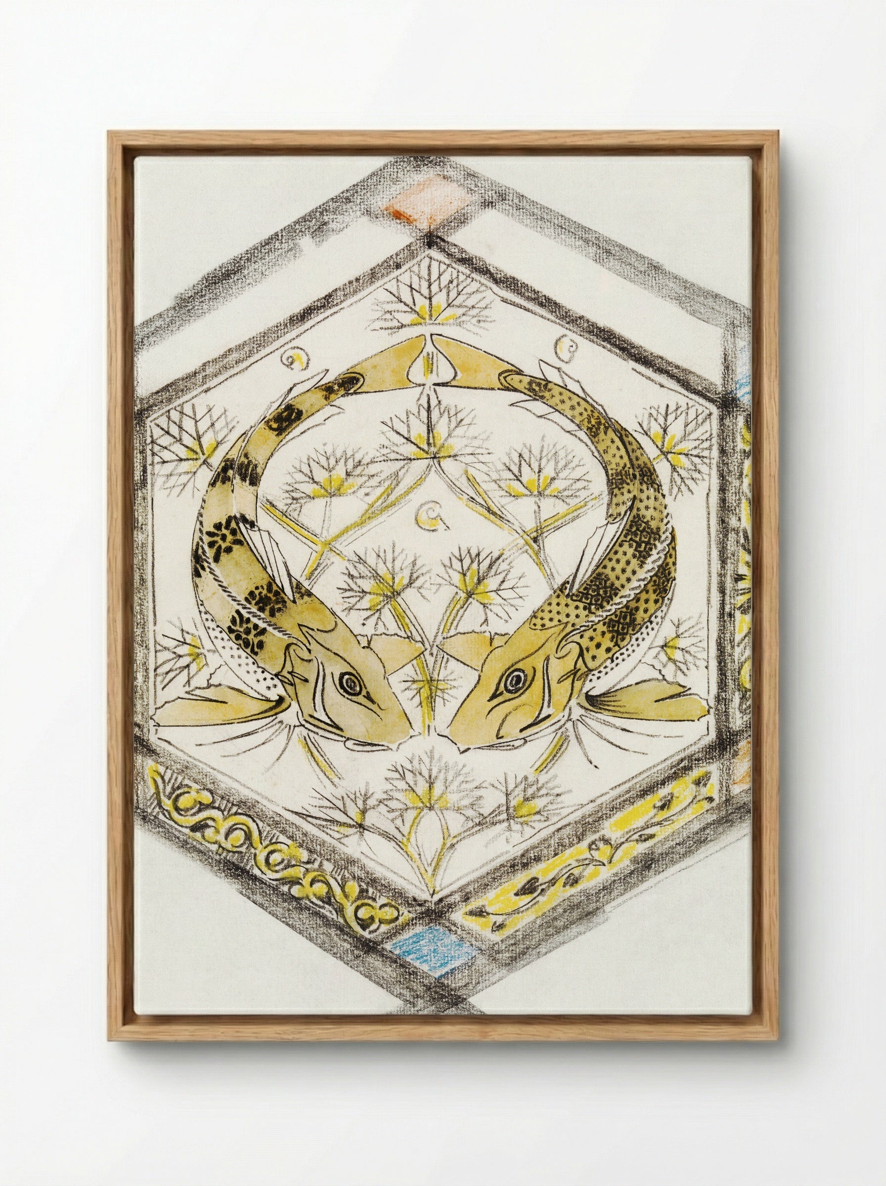 Decorative Design with Two Fish in a Hexagon - Gerrit Willem Dijsselhof - Framed Canvas Wood
