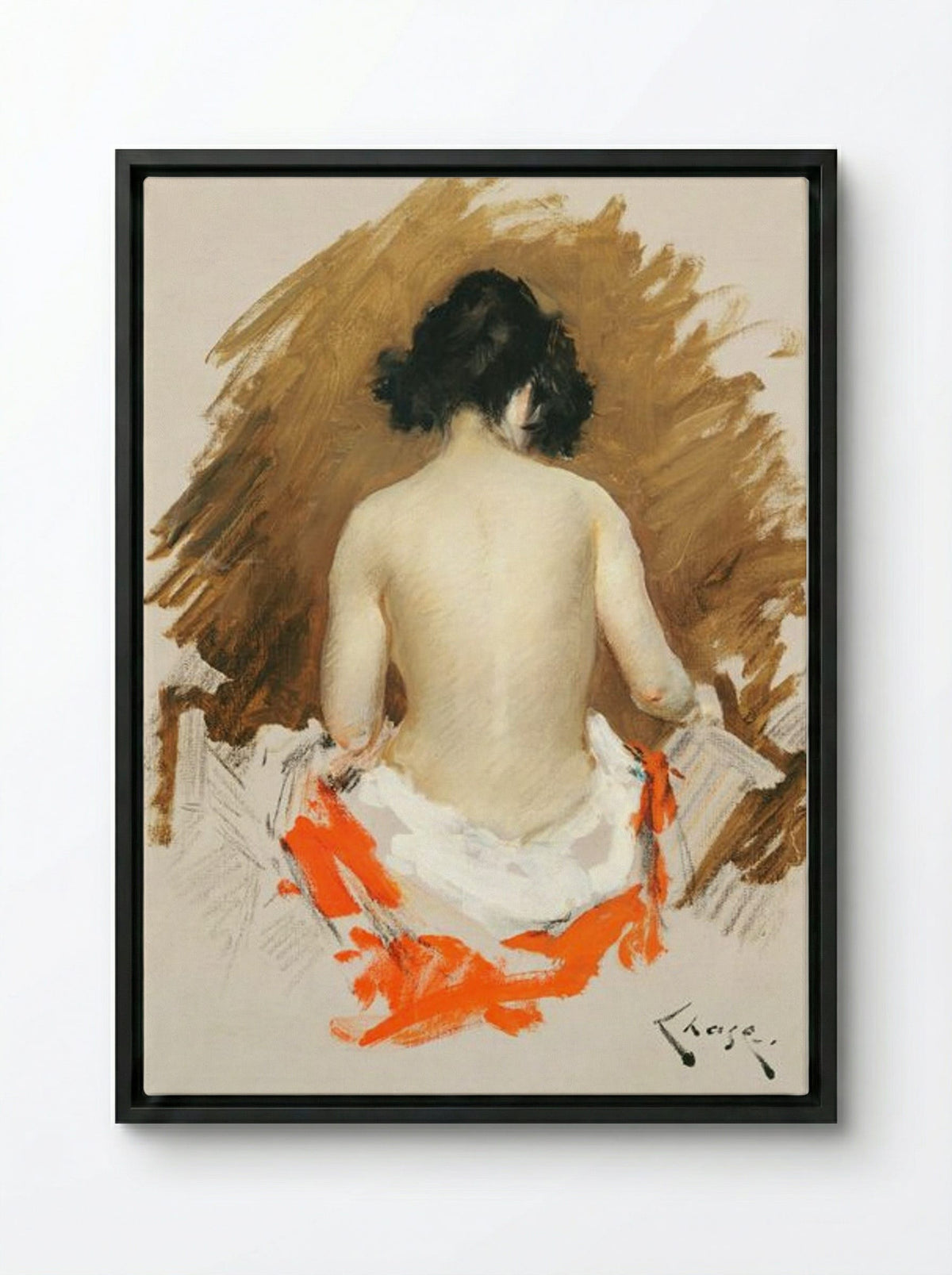 Nude with Kimono - William Merritt Chase - Framed Canvas Black