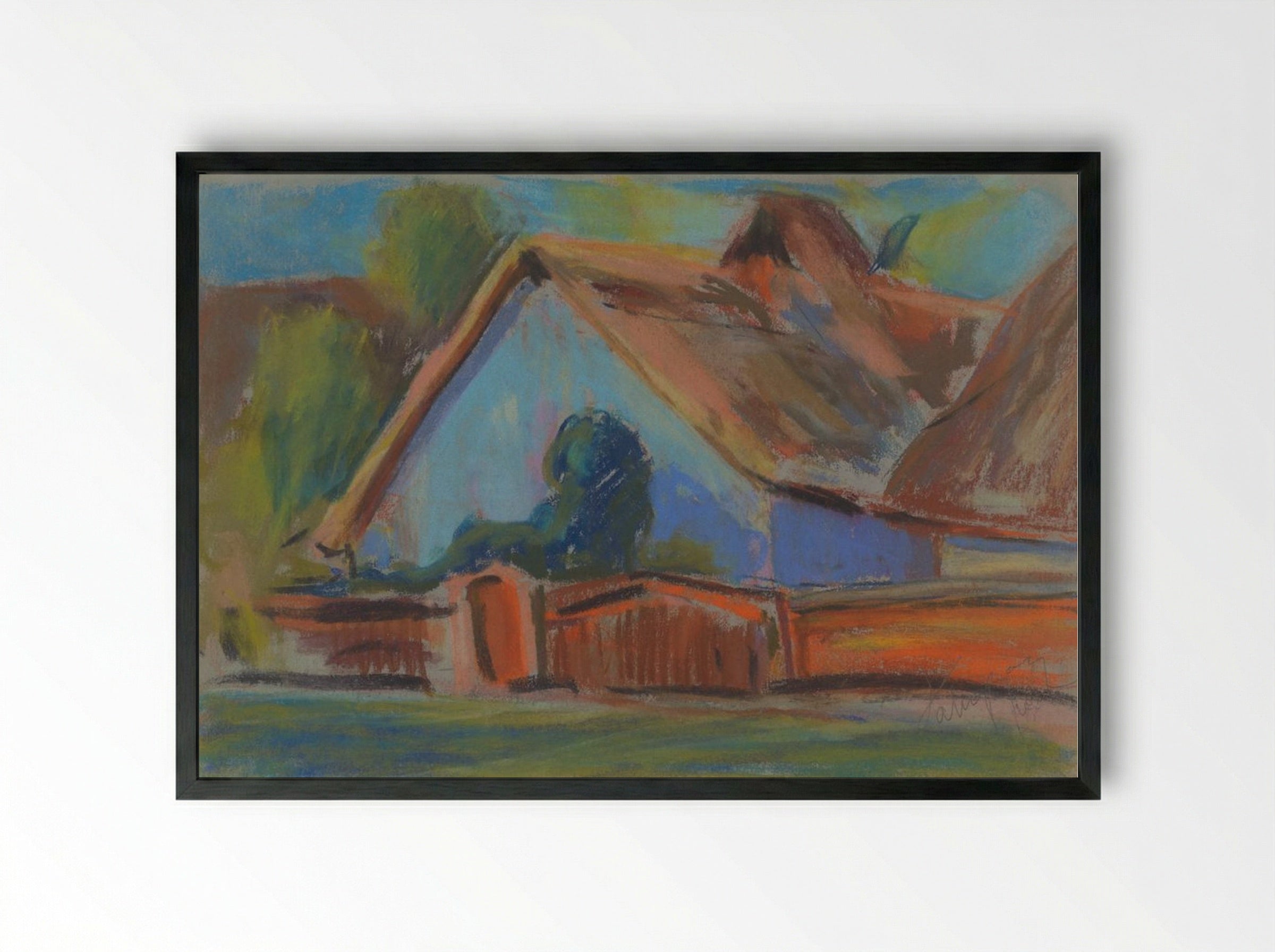 Blue Village Cottage - Zolo Palugyay - Framed Print Black