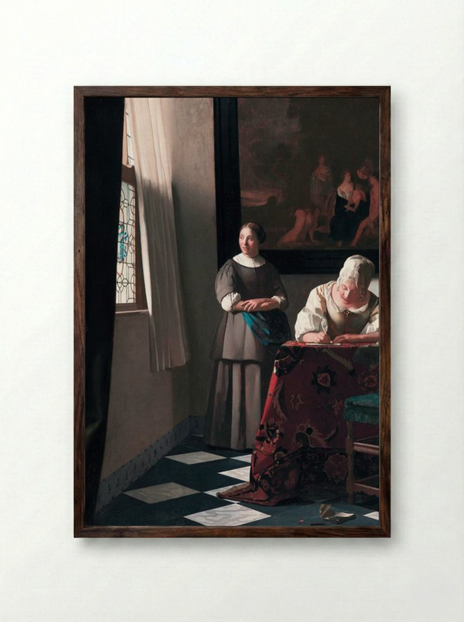 Lady Writing a Letter with her Maid - Johannes Vermeer - Framed Print Dark Wood
